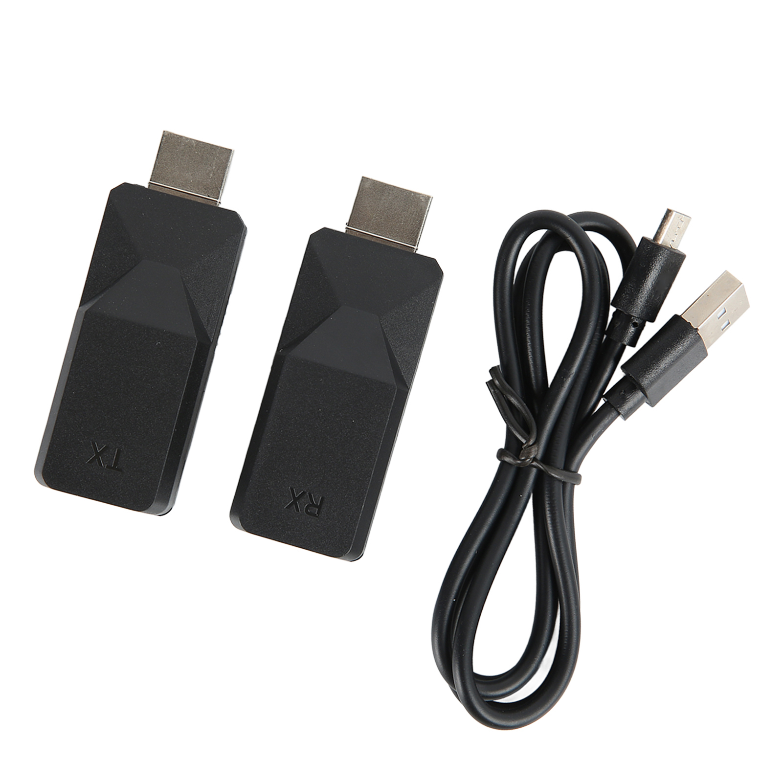 Zwei schwarze HDMI-Dongles und ein schwarzes USB-Kabel. Auf einem Dongle steht 'TX', auf dem anderen 'RX'. Das Kabel ist aufgerollt.