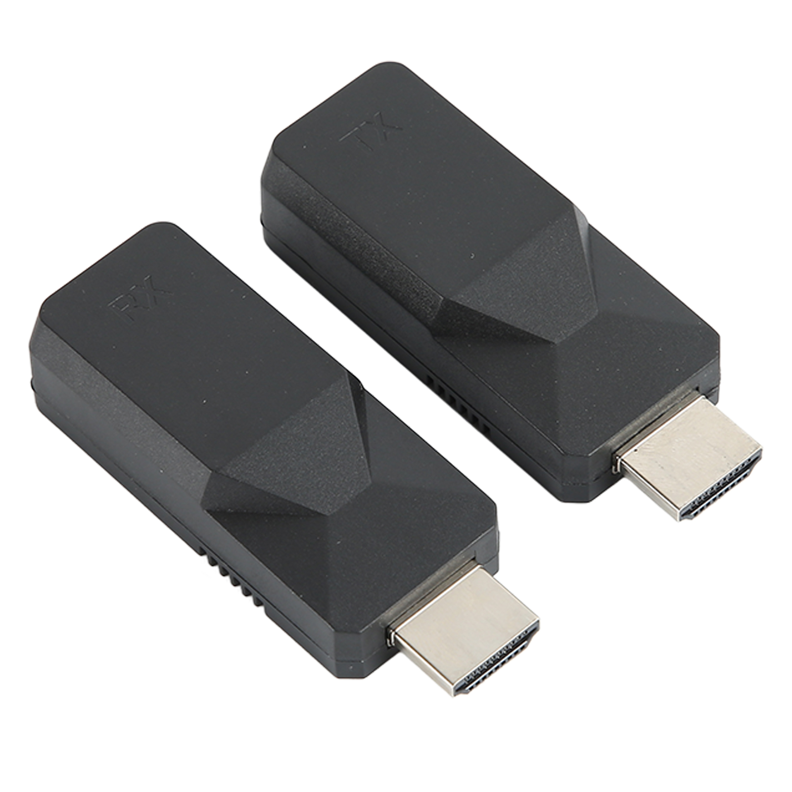Zwei schwarze HDMI-Adapter auf weißem Hintergrund. Einer mit der Aufschrift TX, der andere RX. Beide haben silberne Anschlüsse.