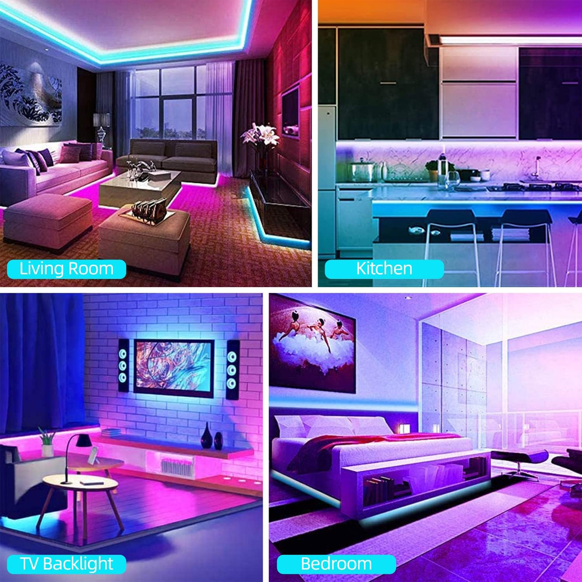 Vier Szenen: Wohnzimmer, Küche, TV-Hintergrundbeleuchtung und Schlafzimmer, alle mit LED-Beleuchtung. Farben variieren von Blau bis Pink.