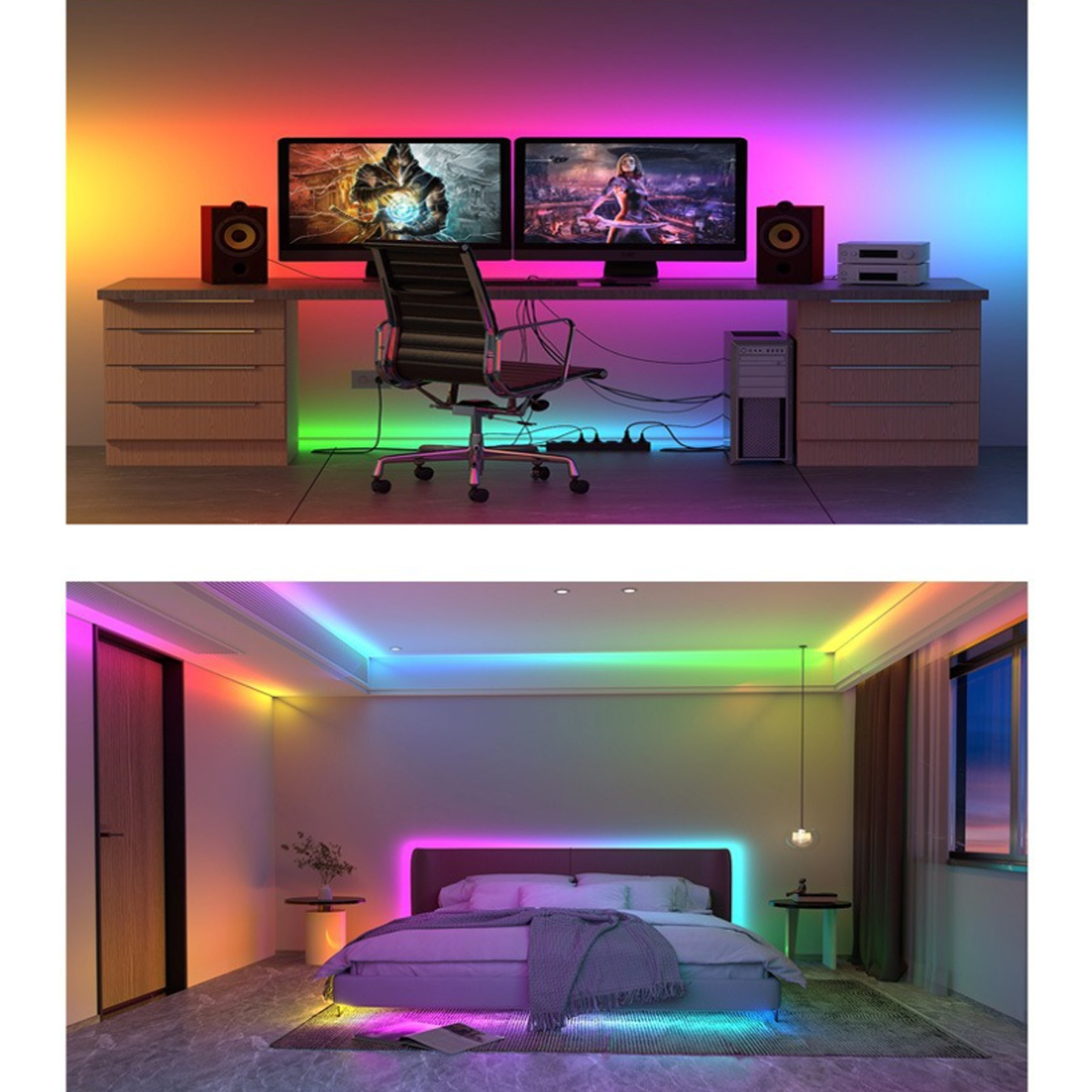 Schreibtisch mit zwei Monitoren, Lautsprechern und Stuhl. Schlafzimmer mit Bett, Beistelltischen und Fenster. Beide Räume haben farbwechselnde LED-Leuchten.