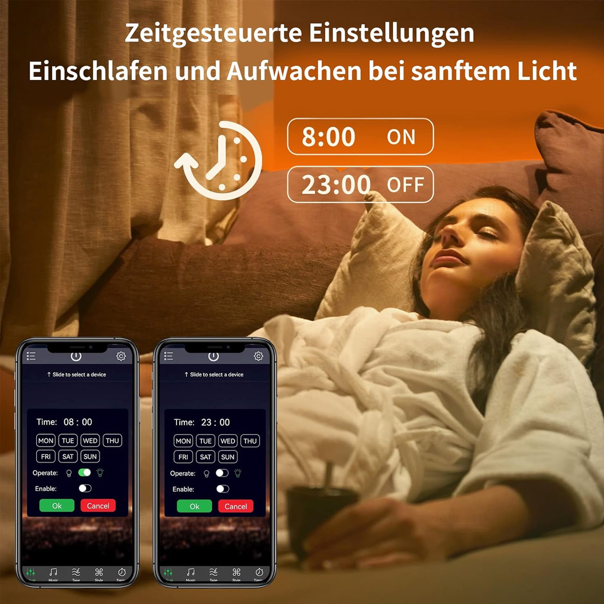 Frau schläft auf Couch, mit zwei Handys, die Einstellungen für Lichter anzeigen. Text oben lautet „Schlafen und Aufwachen mit sanftem Licht“.