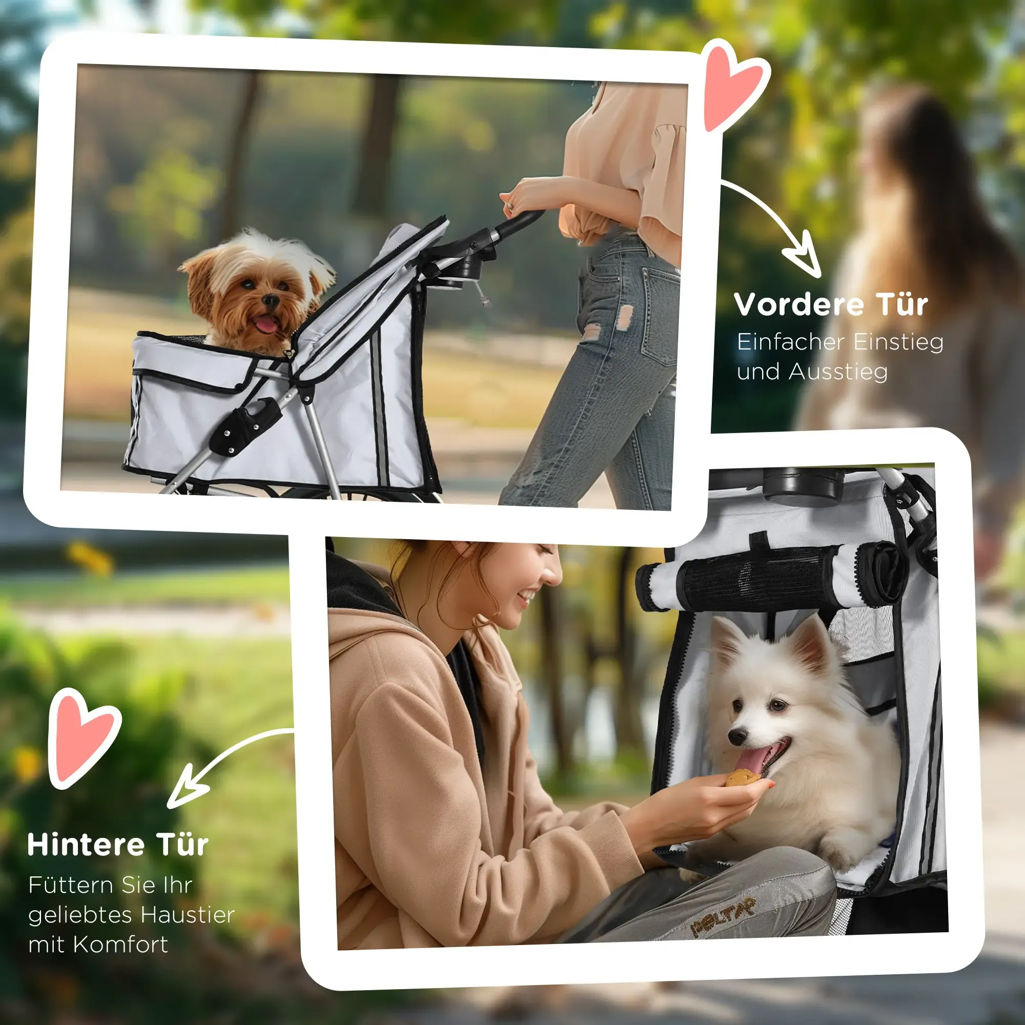 Eine Frau schiebt einen Kinderwagen für Hunde. Ein Hund sitzt im Kinderwagen. Eine andere Frau füttert einen weißen Hund.