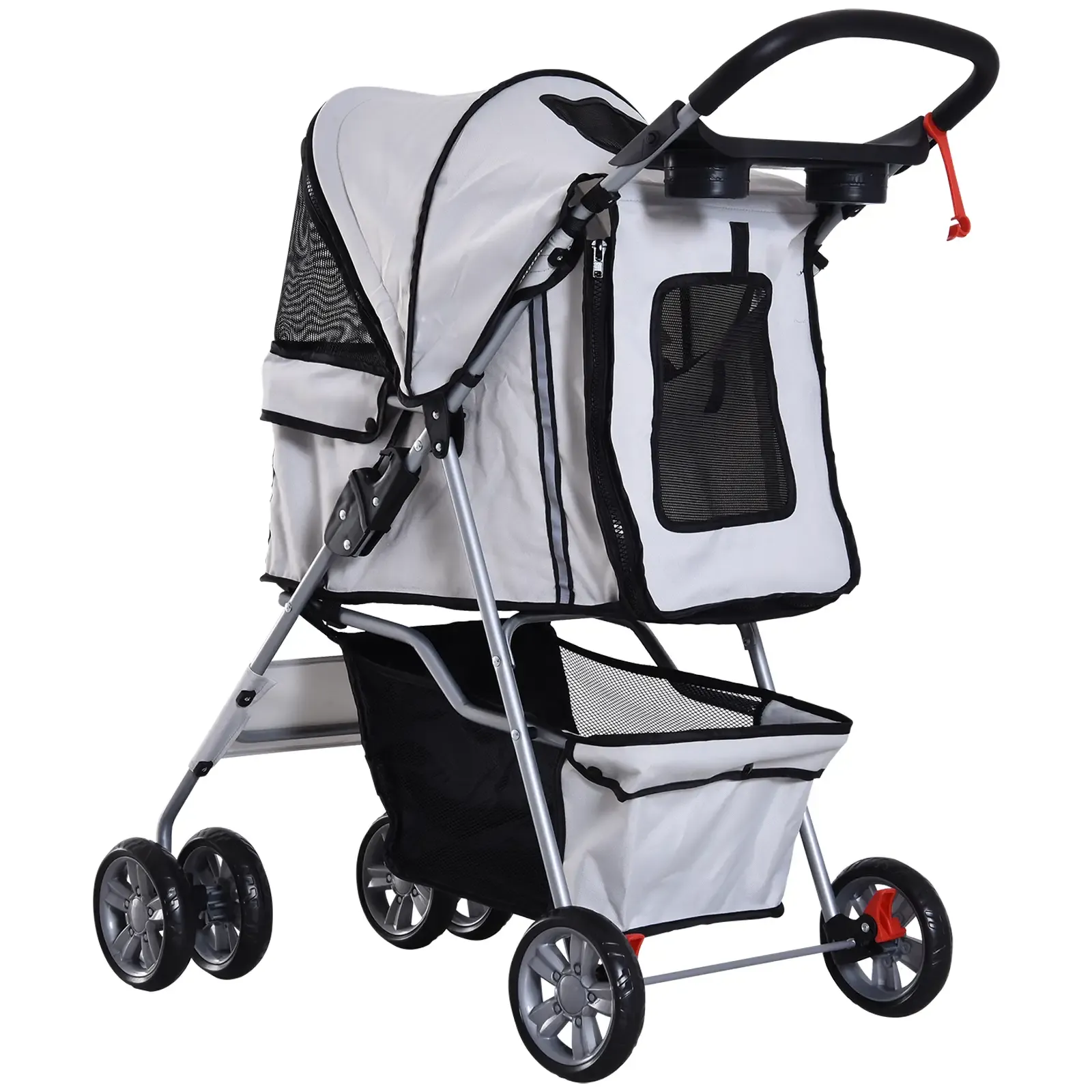 Ein weiß-grauer Tierwagen mit schwarzem Griff. Er hat Netzausschnitte und einen Korb zur Aufbewahrung.