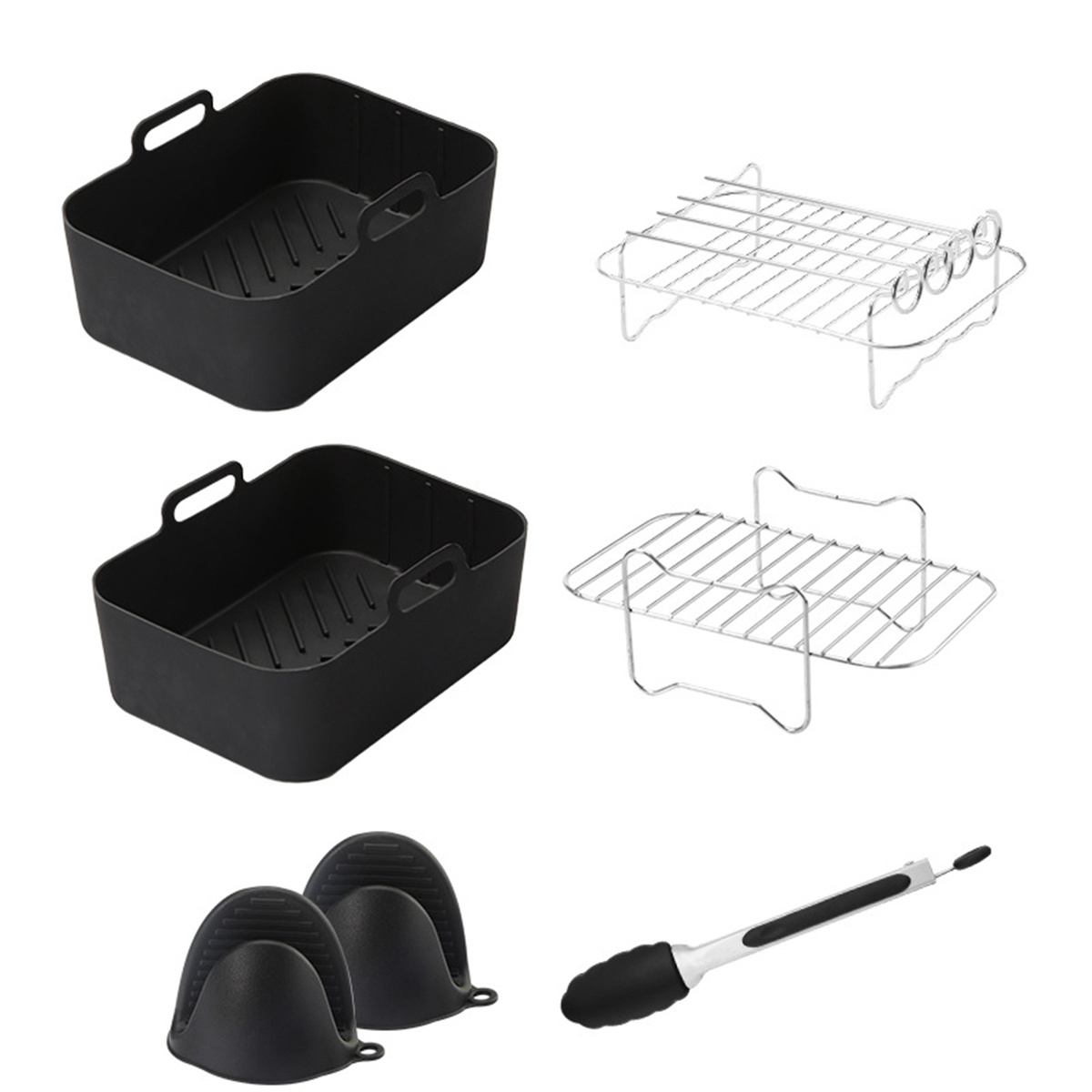 Sortiment an Küchenzubehör: schwarze Silikon-Airfryer-Körbe, Metallroste, Ofenhandschuhe und Zangen.