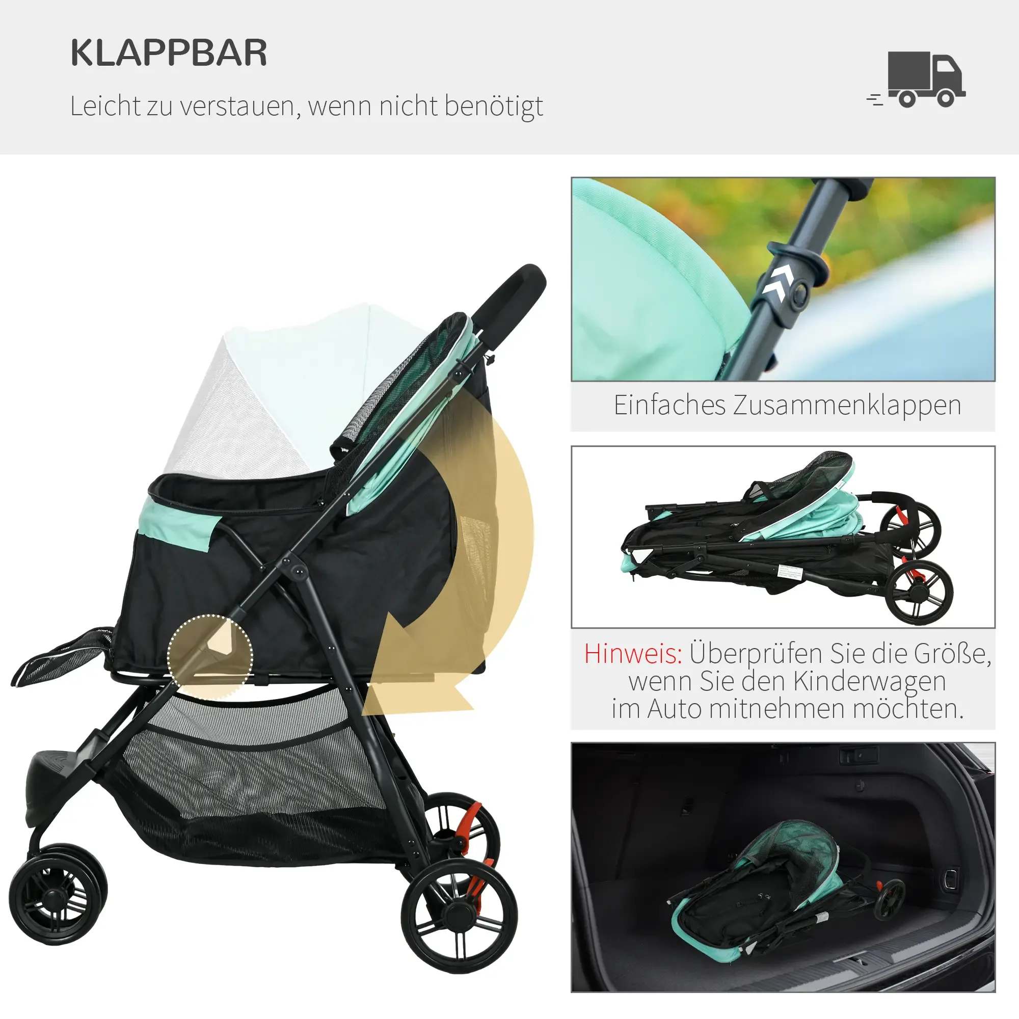 Ein faltbarer Tierkinderwagen in Schwarz und Türkis. Er wird gefaltet und entfaltet sowie im Kofferraum gezeigt.