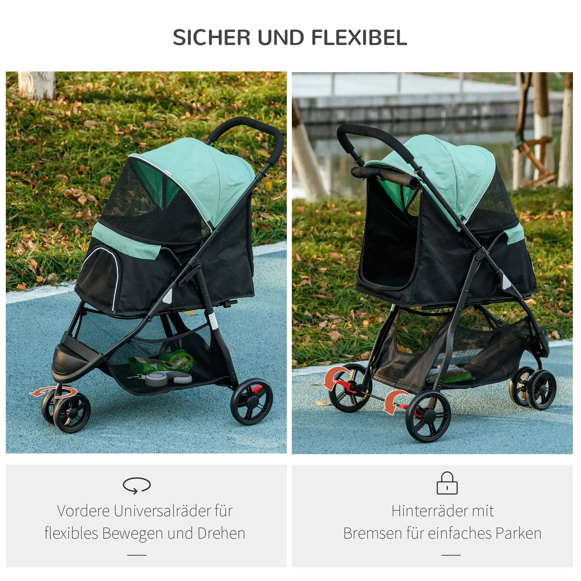 Zwei Tierkinderwagen werden gezeigt. Einer ist nach vorne gerichtet, einer in einem Winkel. Beide haben einen schwarzen Rahmen, einen tealfarbenen Deckel und schwarzes Netz.
