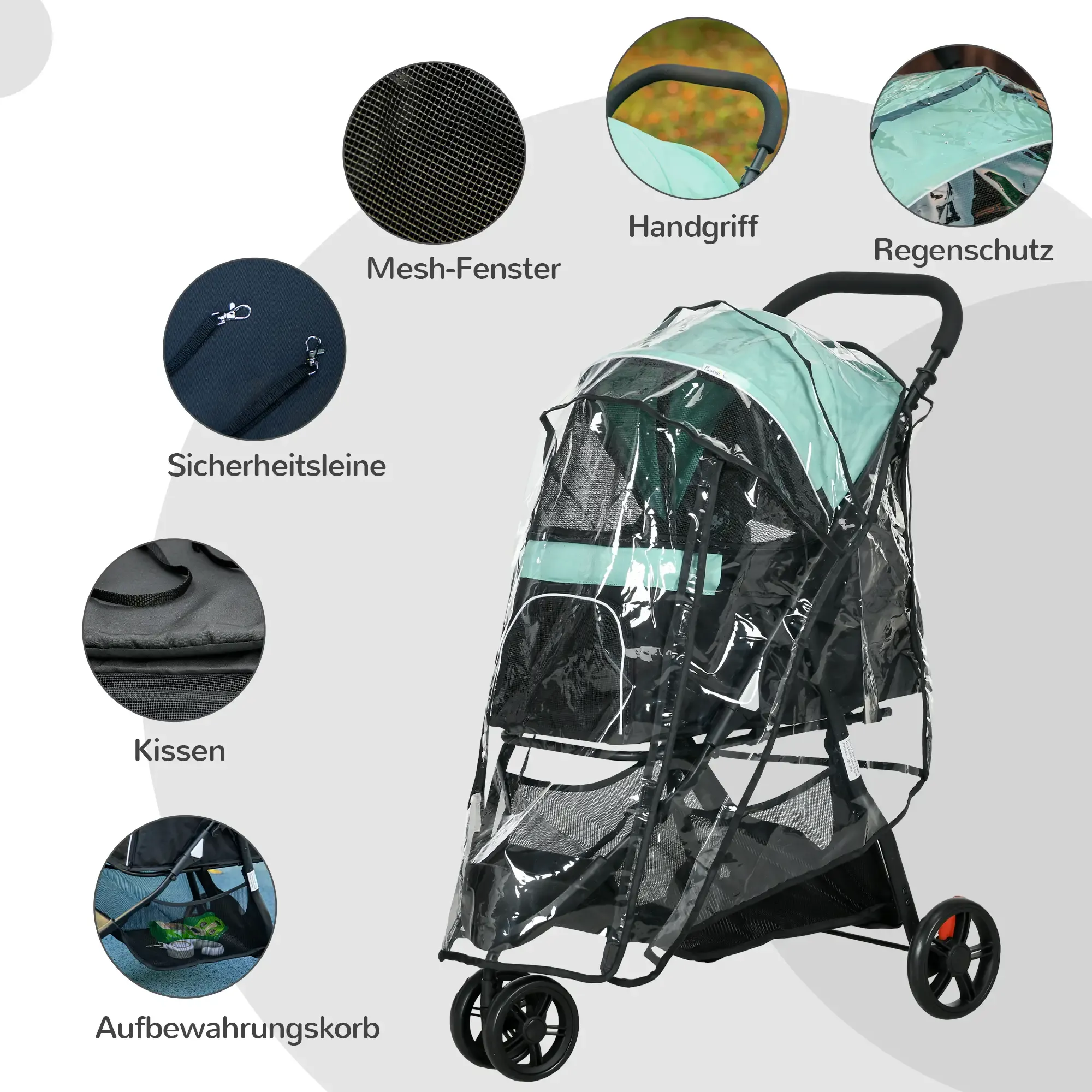 Ein Kinderwagen mit transparentem Regenschutz. Er hat ein Mesh-Fenster, Sicherheitsgurte und einen Aufbewahrungskorb. Der Wagen ist schwarz.
