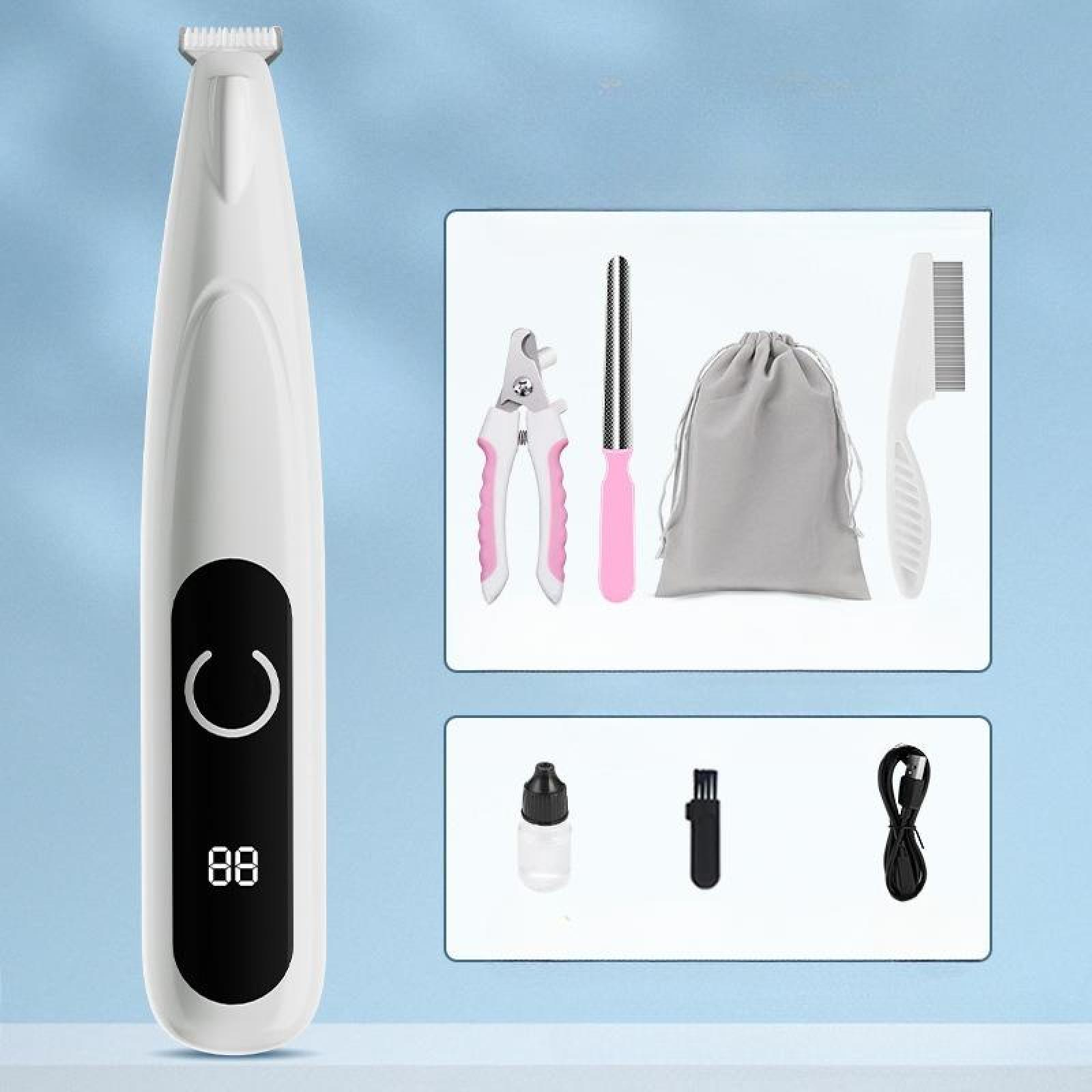 Ein weißes Tierpflege-Set mit Trimmer, Schere, Feile, Bürste, Beutel, Ölflasche, Reinigungsbürste und USB-Kabel.