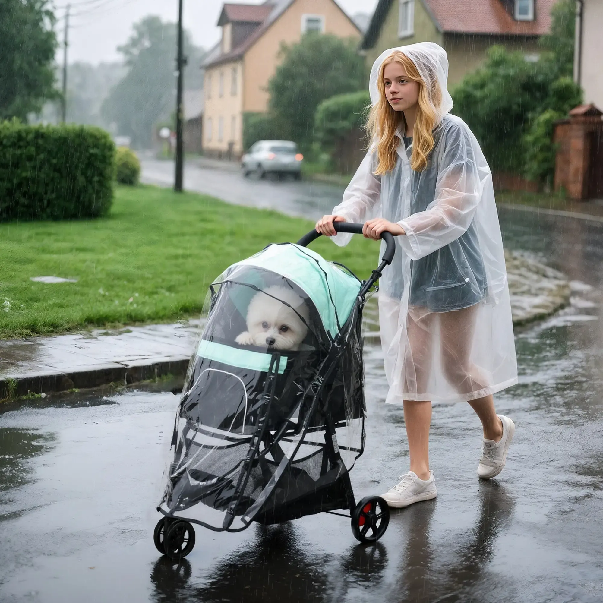 Ein Mädchen im Regenmantel schiebt einen Hund in einem Kinderwagen auf einer regnerischen Straße. Häuser und Bäume sind im Hintergrund.