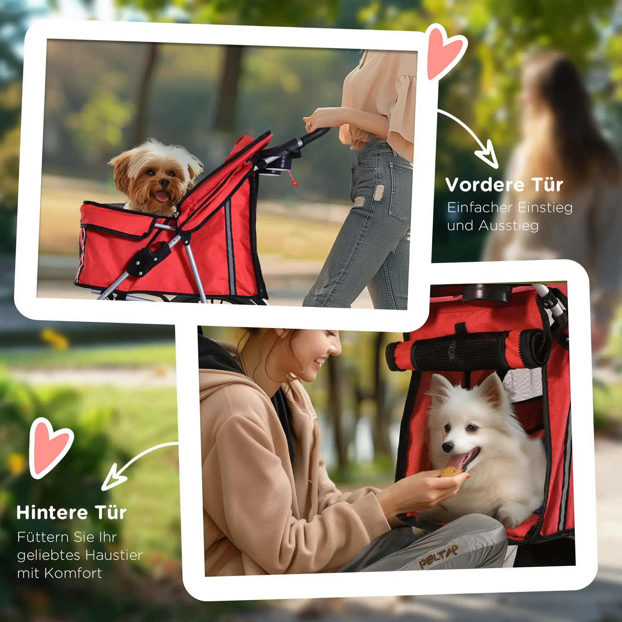 Zwei Hunde in roten Tierwagen werden gezeigt. Einer wird von einer Person geschoben. Ein anderer wird von einer lächelnden Person mit einem Leckerli gefüttert.