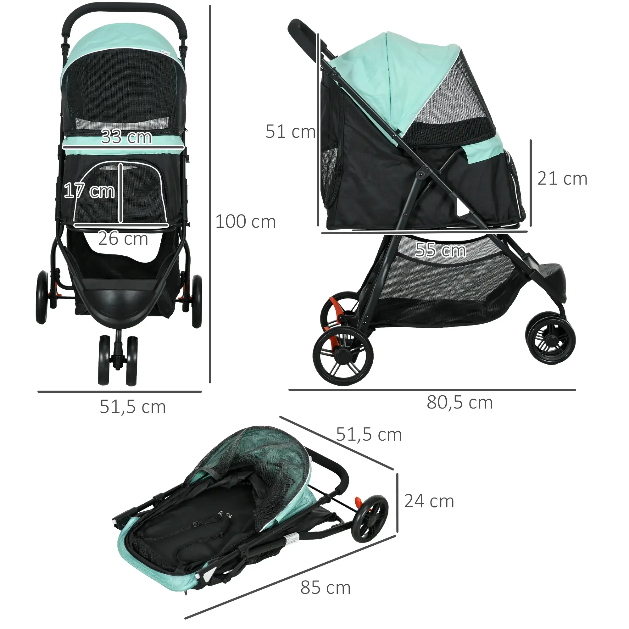 Ein Haustier-Kinderwagen in drei Ansichten mit Abmessungen. Er ist schwarz mit einem tealfarbenen Verdeck und hat vier Räder.