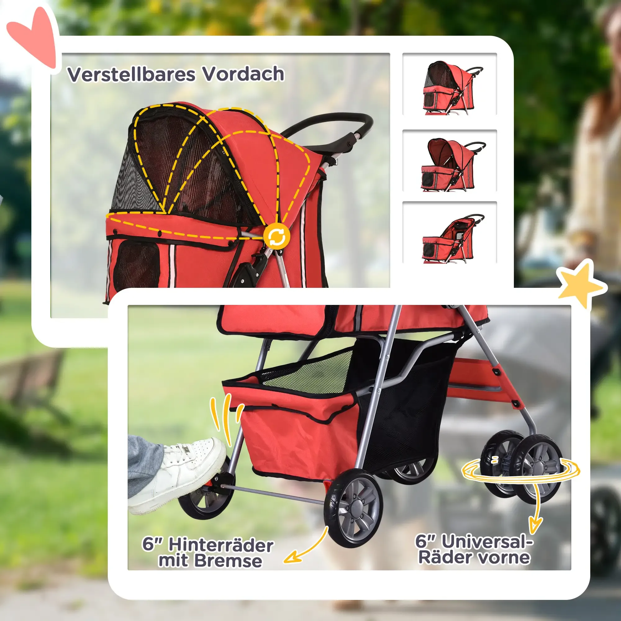 Roter Tier-Kinderwagen mit verstellbarem Verdeck und 6-Zoll-Rädern. Merkmale sind Bremsen, Vorderrad und Aufbewahrungskorb.