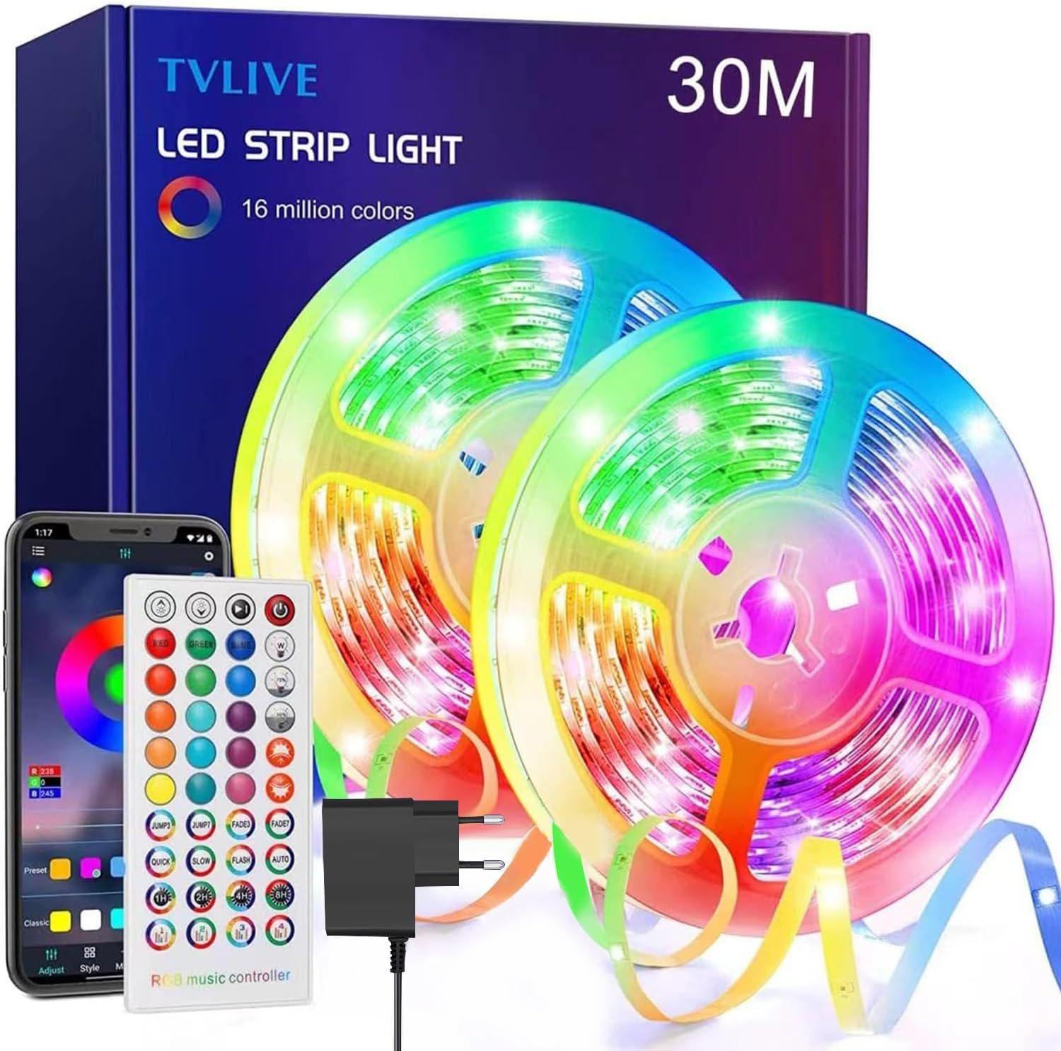 LED-Streifenlicht-Kit mit Fernbedienung, Telefon und Netzteil. Die Lichter sind mehrfarbig und aufgerollt. Die Verpackung zeigt 'TVLIVE'.