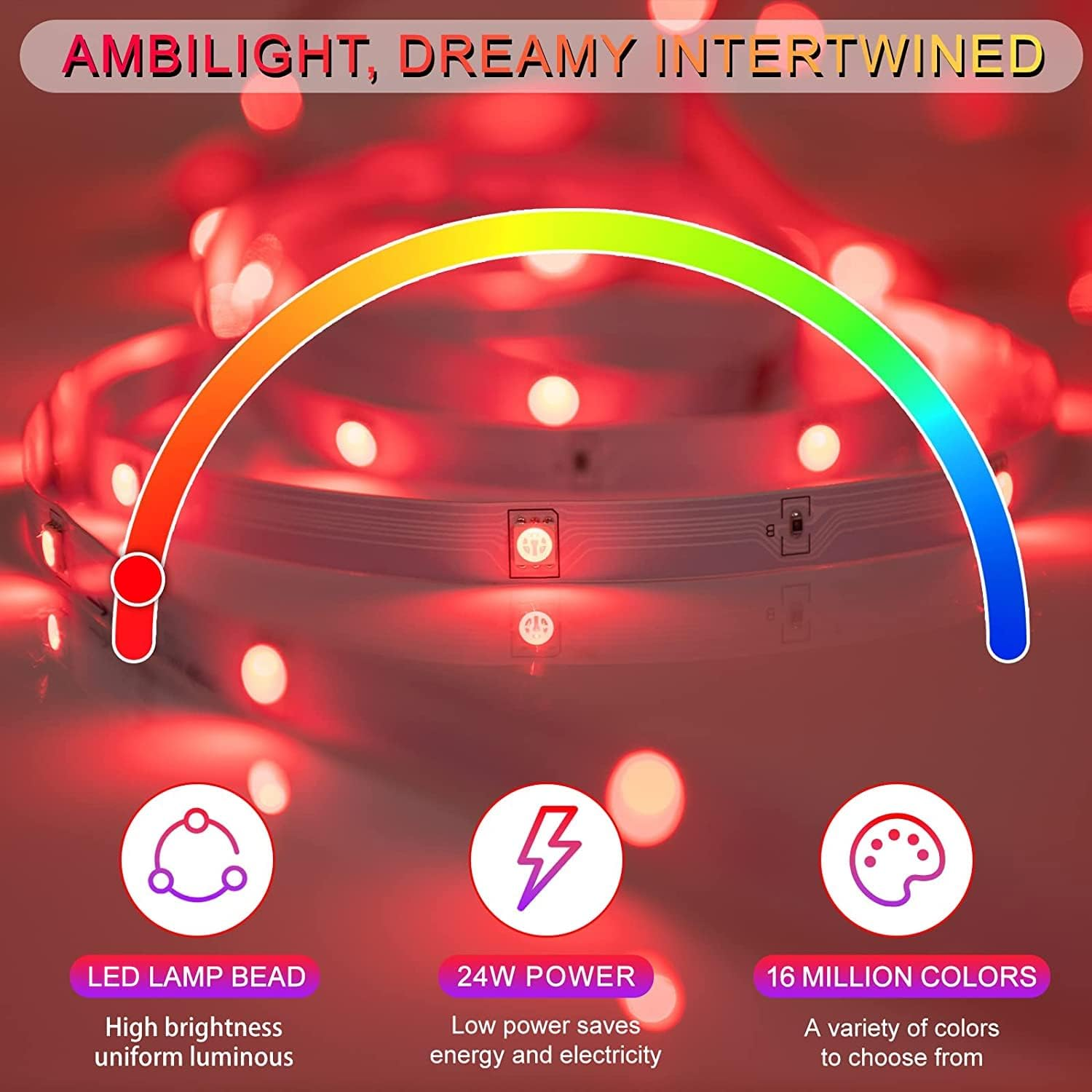 Ein Bild zeigt LED-Streifenlichter mit einem Farbverlauf. Symbole zeigen LED-Perlen, Strom und 16 Millionen Farben.