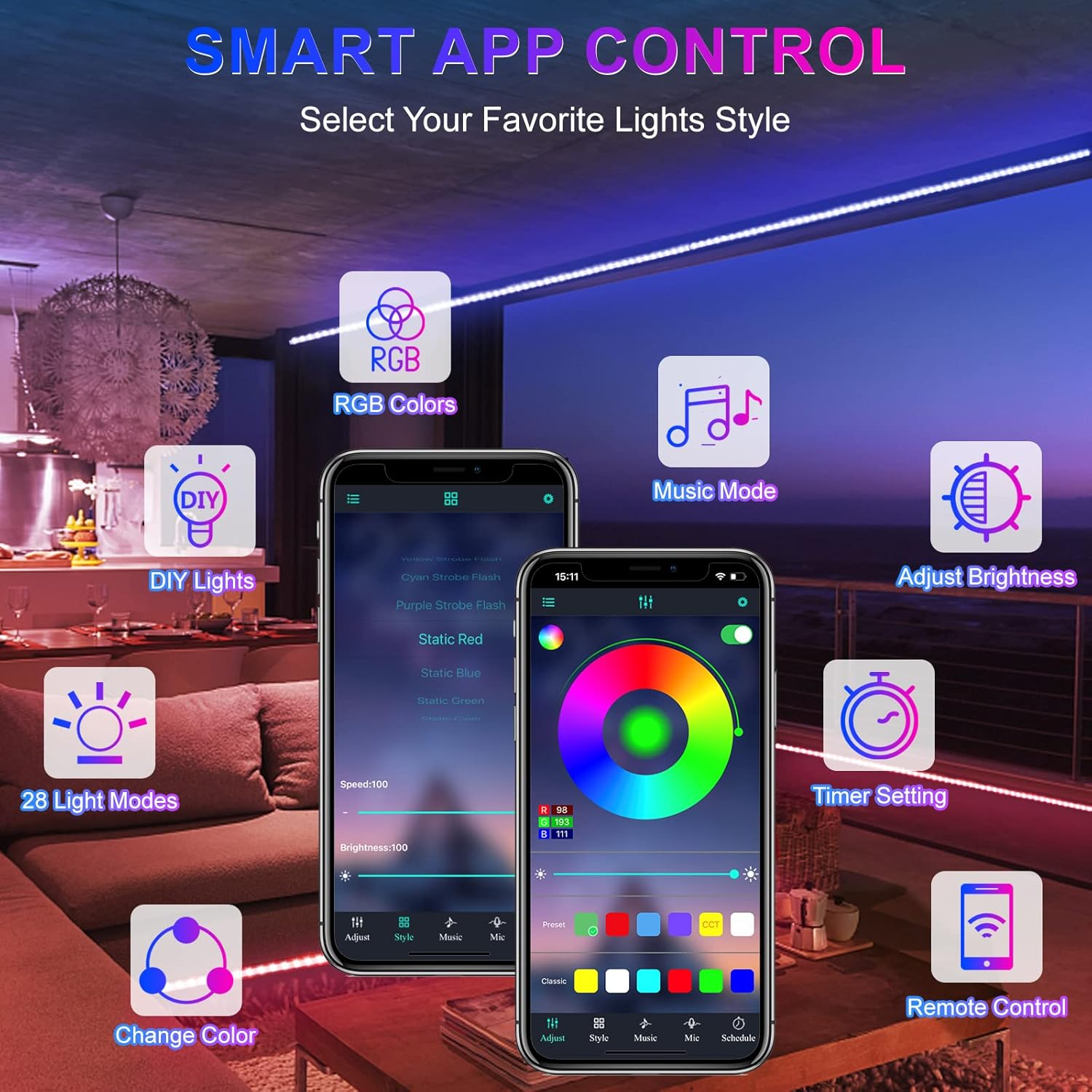 App steuert intelligente Lichter. Telefon zeigt Farbrad und Einstellungen für Helligkeit, Musikmodus, Timer und Fernbedienung.