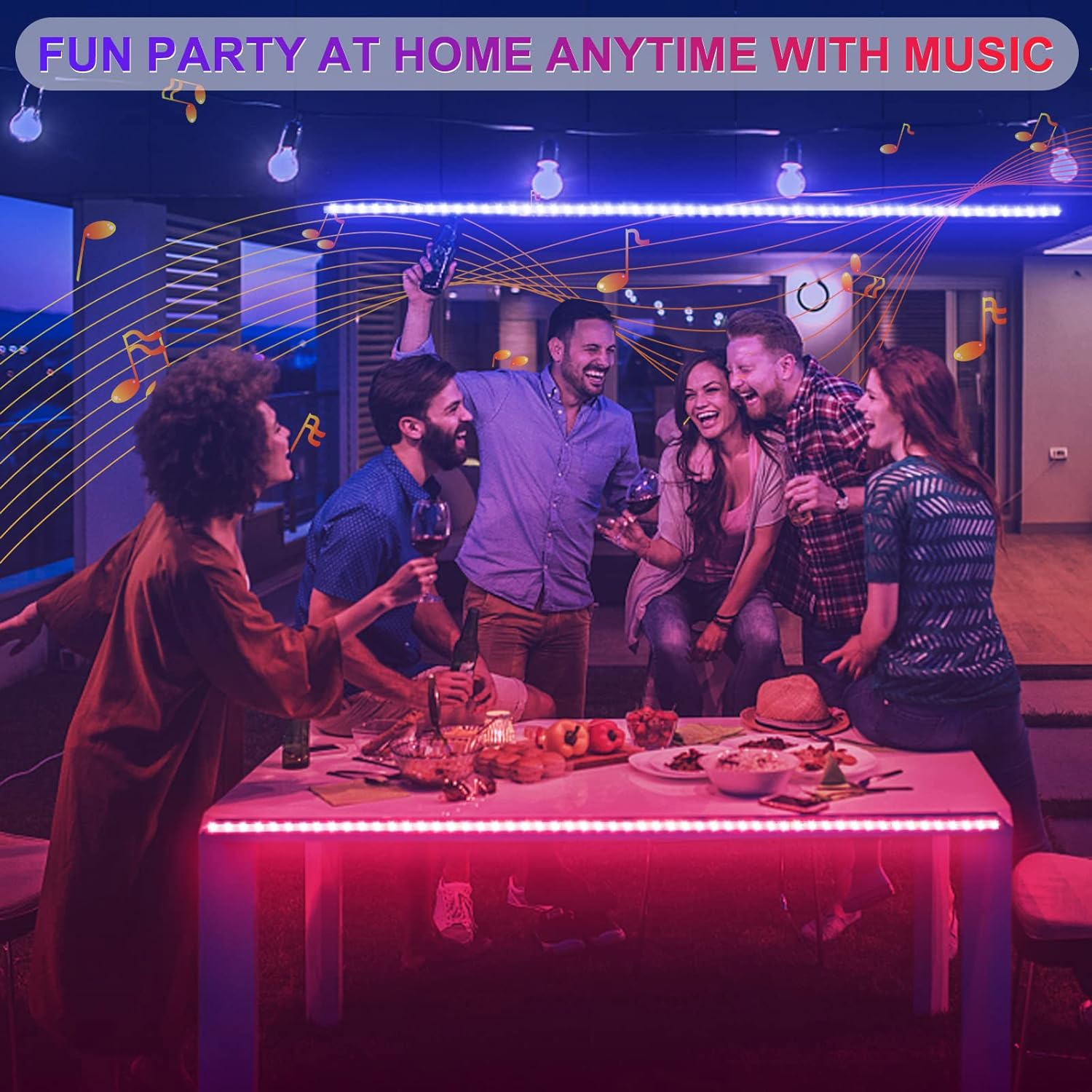 Eine Gruppe von Freunden feiert eine Party. Sie sitzen an einem Tisch mit Essen und Getränken, mit Noten und Lichtern.