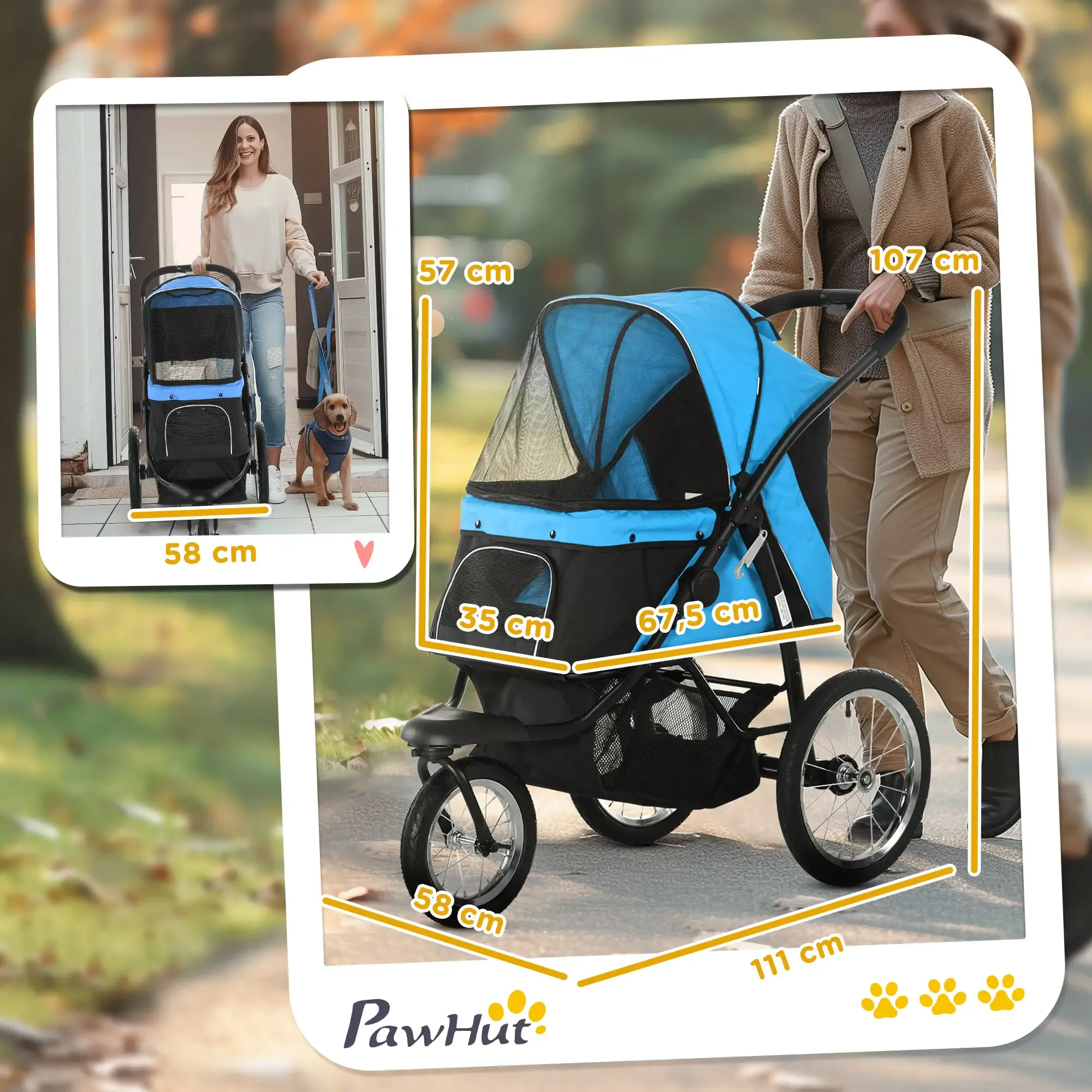Eine Frau mit Hund und einem blau-schwarzen Haustier-Kinderwagen. Abmessungen sind auf dem Rahmen angezeigt.
