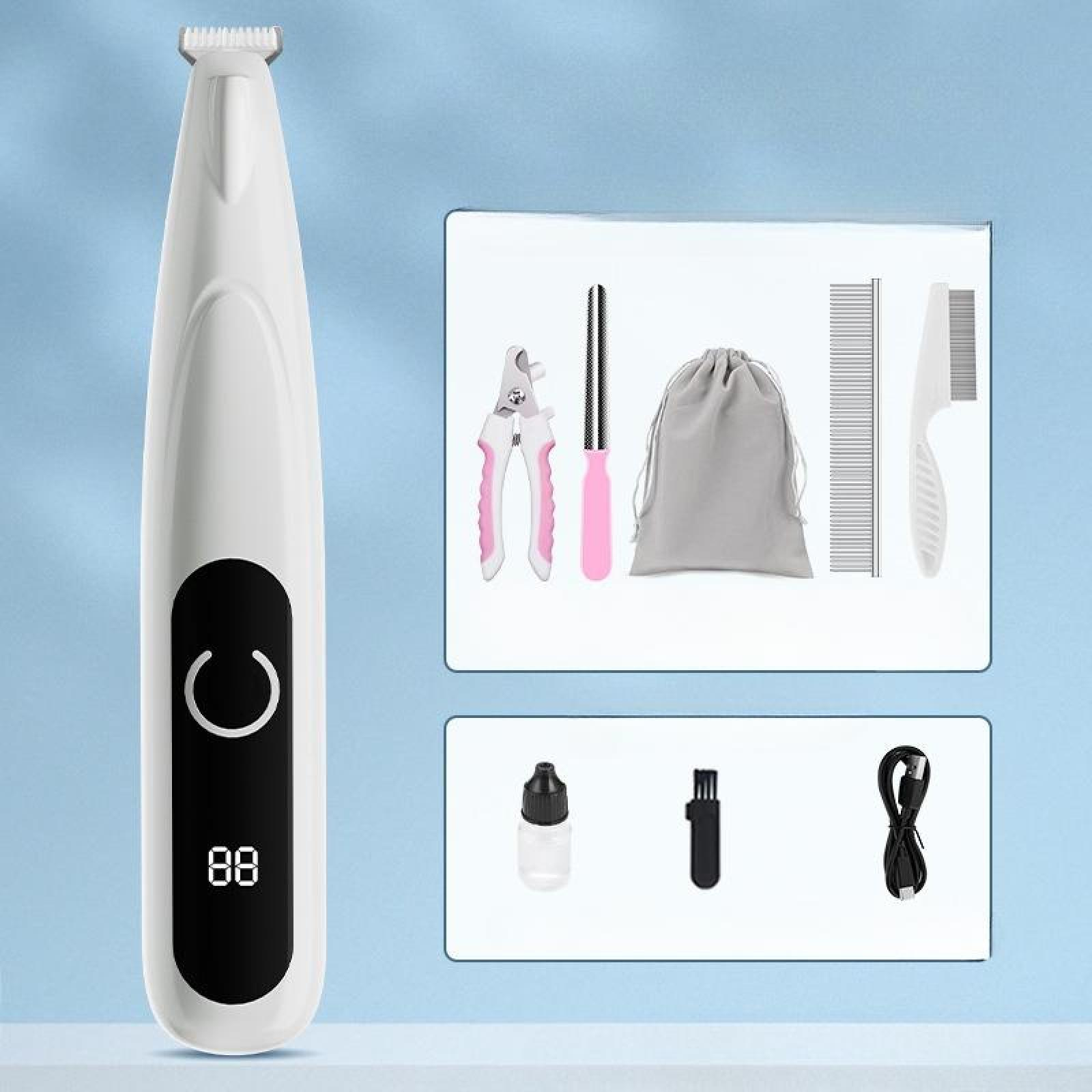 Ein weißes Haustierpflege-Set mit Schermaschine, Nagelknipser, Bürste, Kamm, Ladekabel und anderem Zubehör. Blauer Hintergrund.