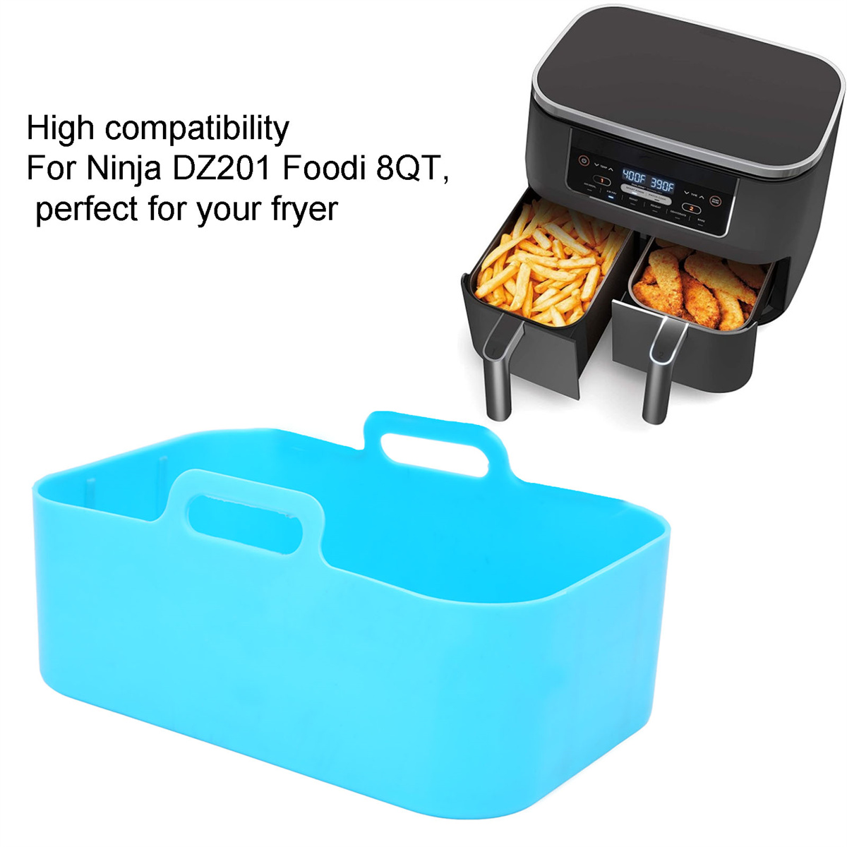 Ein blauer Silikonbehälter mit Griffen und eine Heißluftfritteuse mit Pommes und Hähnchen. Text: "Hohe Kompatibilität für Ninja DZ201 Foodi 8QT".