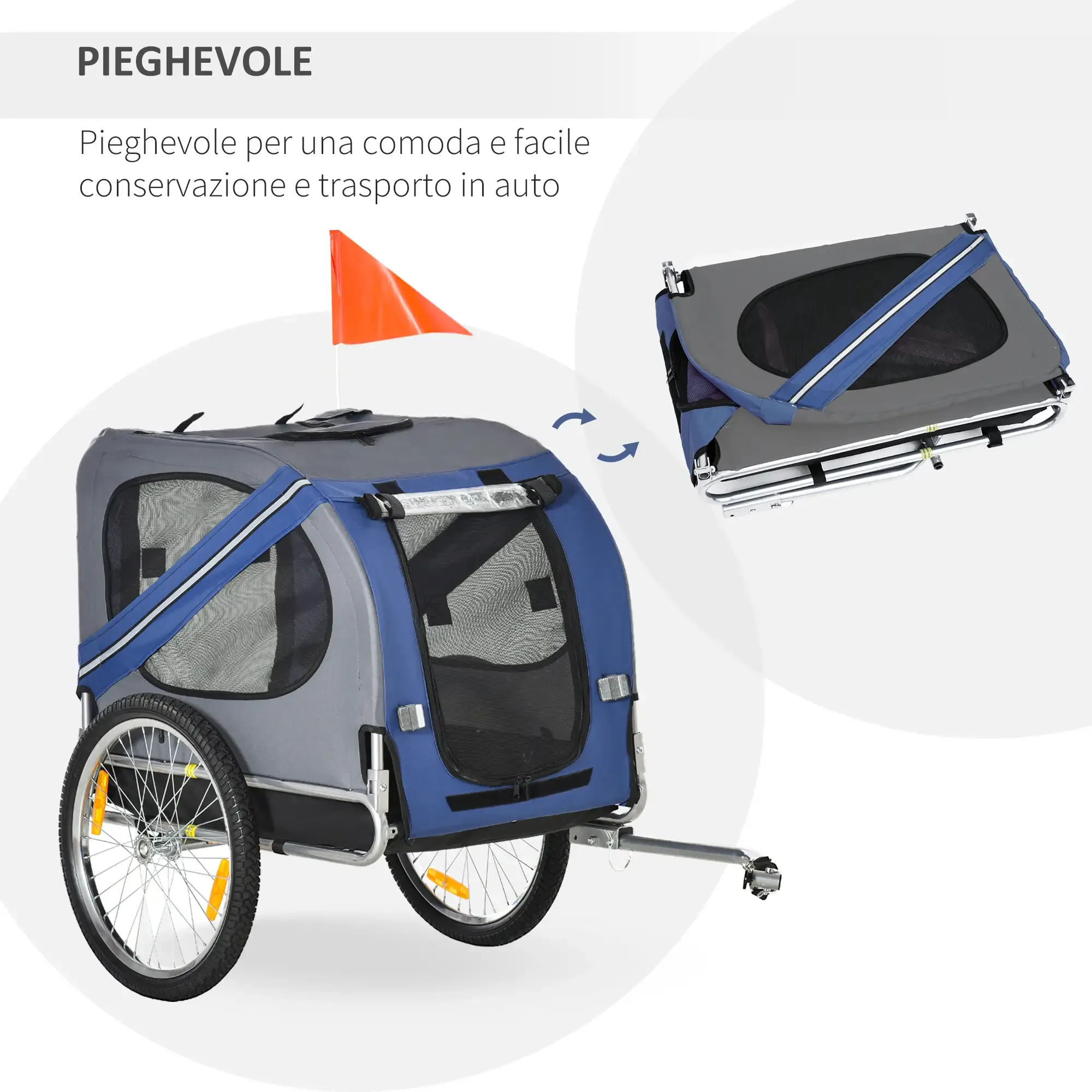 Ein blau-grauer Fahrradanhänger für Haustiere mit Rädern und einer orangefarbenen Fahne. Er ist offen und gefaltet gezeigt.