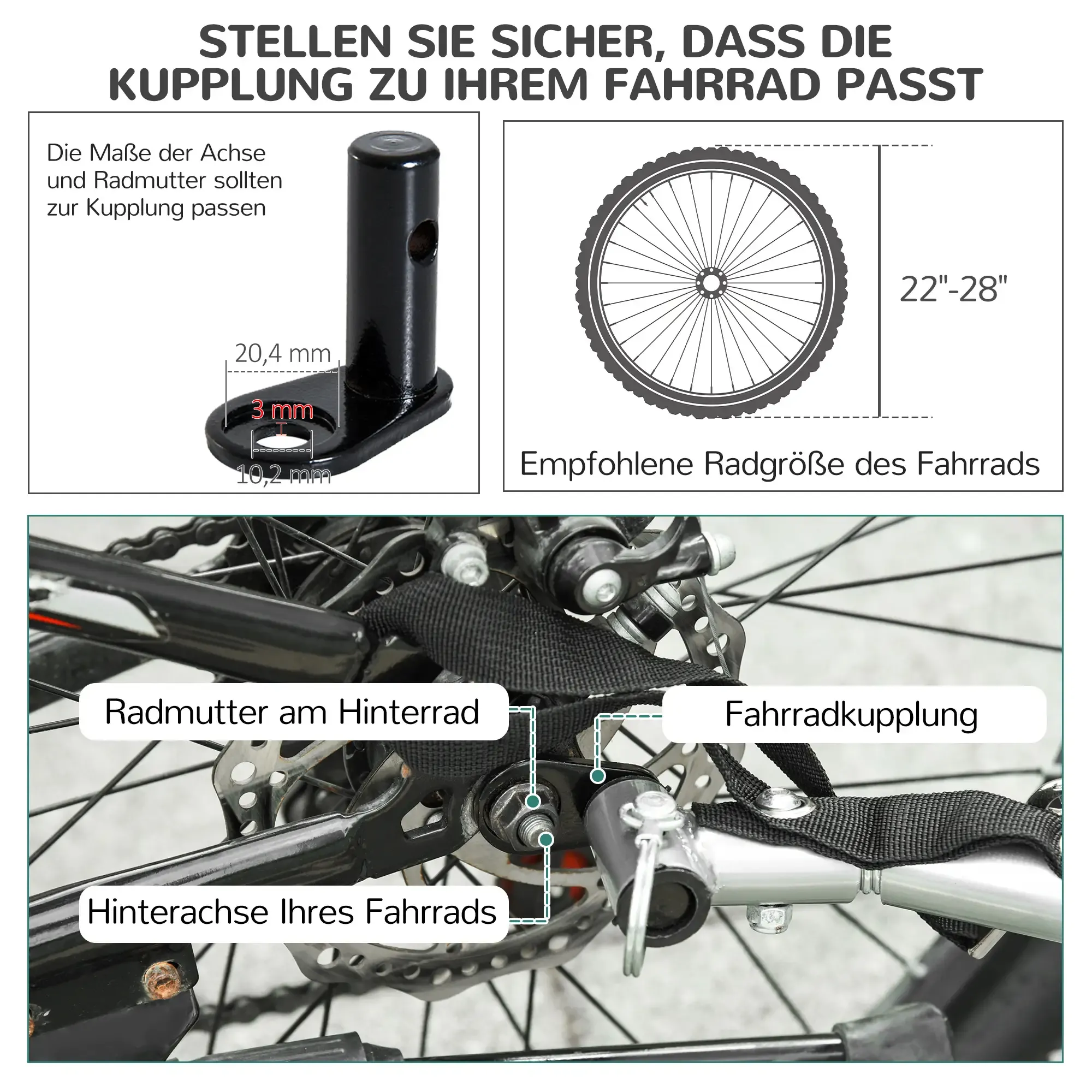 Diagramm einer Fahrradkupplung mit Maßen, Radgröße und beschrifteten Fahrradkomponenten: Achse, Mutter und Kupplung.
