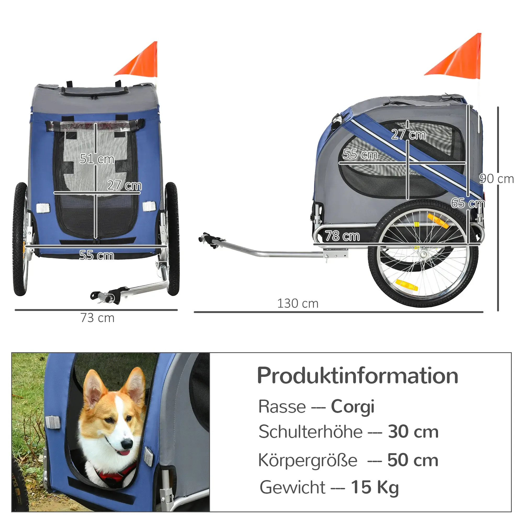 Ein Hundeanhänger mit Abmessungen und einem Corgi-Hund im Inneren. Orangefarbene Fahnen sind am Anhänger angebracht.
