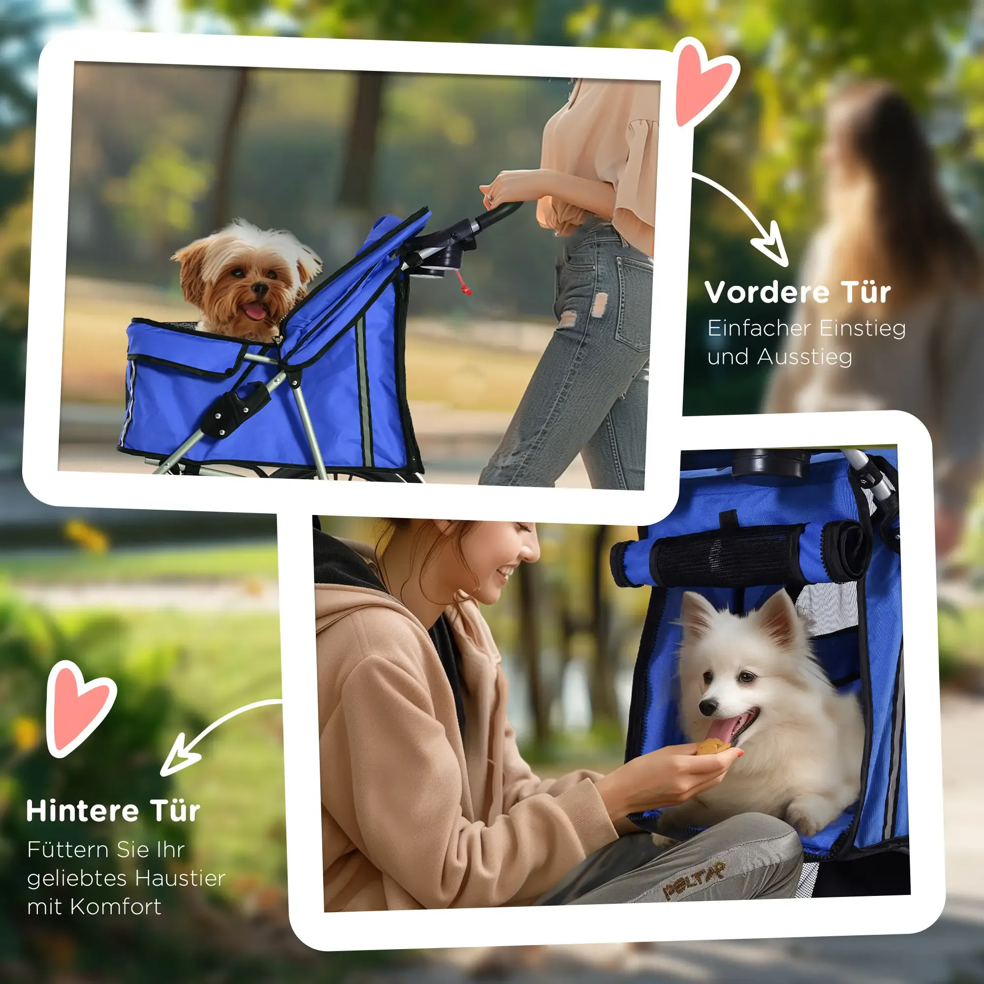 Das Bild zeigt einen Hund in einem blauen Haustier-Kinderwagen. Ein anderes Bild zeigt eine Frau, die einen Hund in einem ähnlichen Kinderwagen füttert.