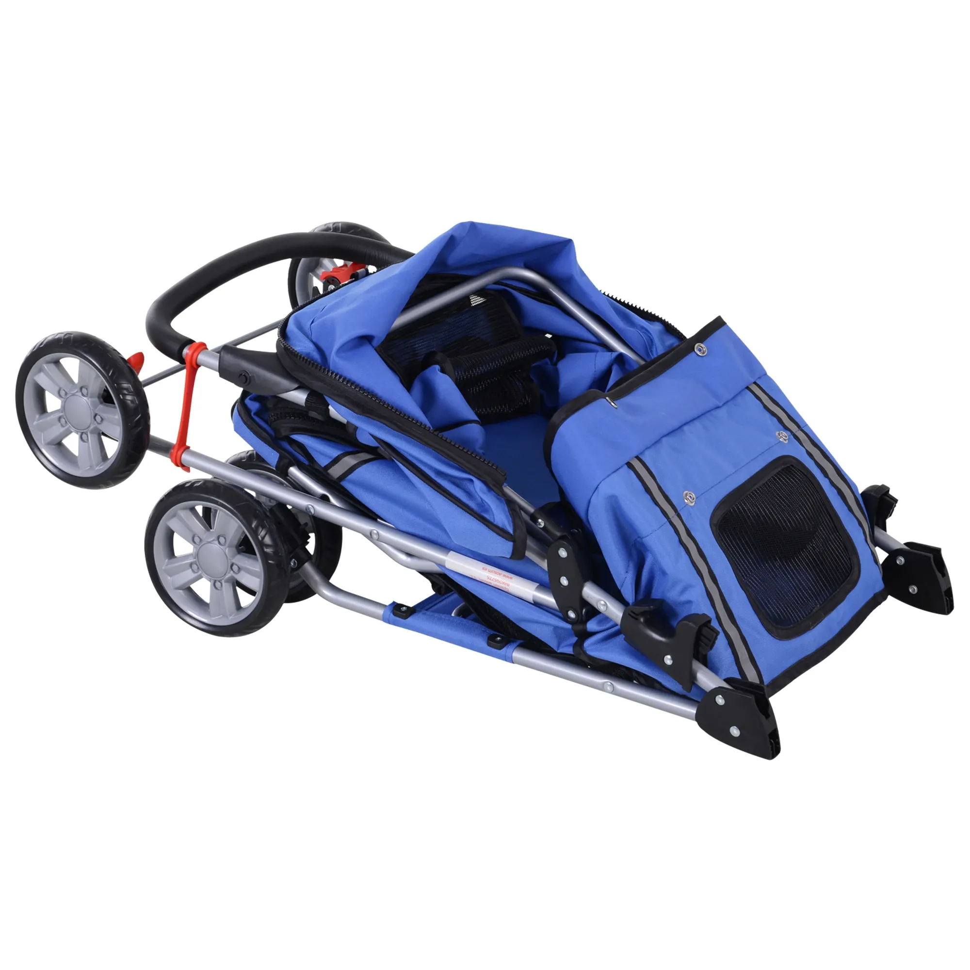 Blauer, zusammengeklappter Kinderwagen für Haustiere. Er hat schwarze und silberne Details. Die Räder sind grau und schwarz.