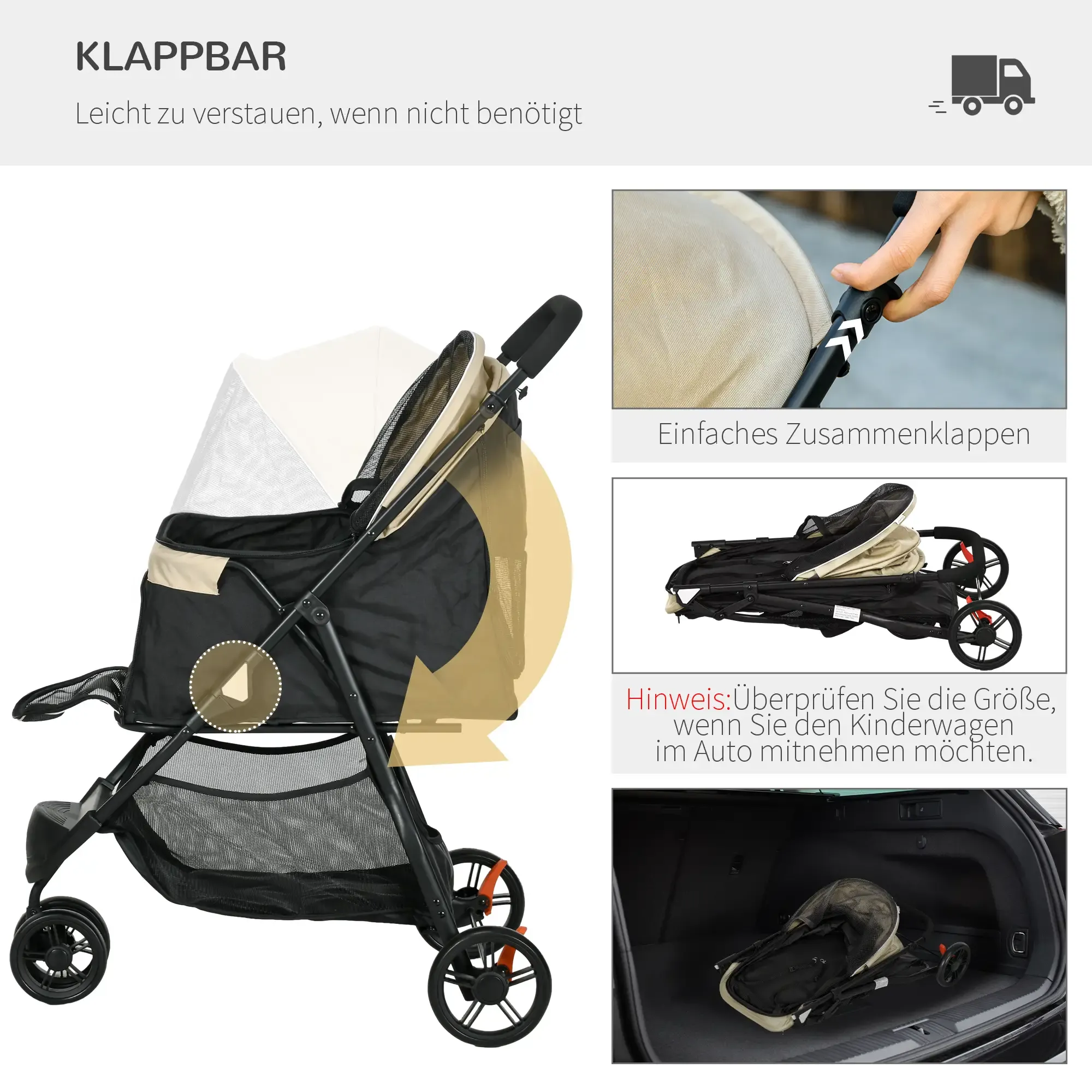 Ein zusammenklappbarer Tierkinderwagen, der in Gebrauch und zusammengeklappt gezeigt wird. Details sind ein schwarzer Rahmen, eine beige Haube und orangefarbene Akzente.