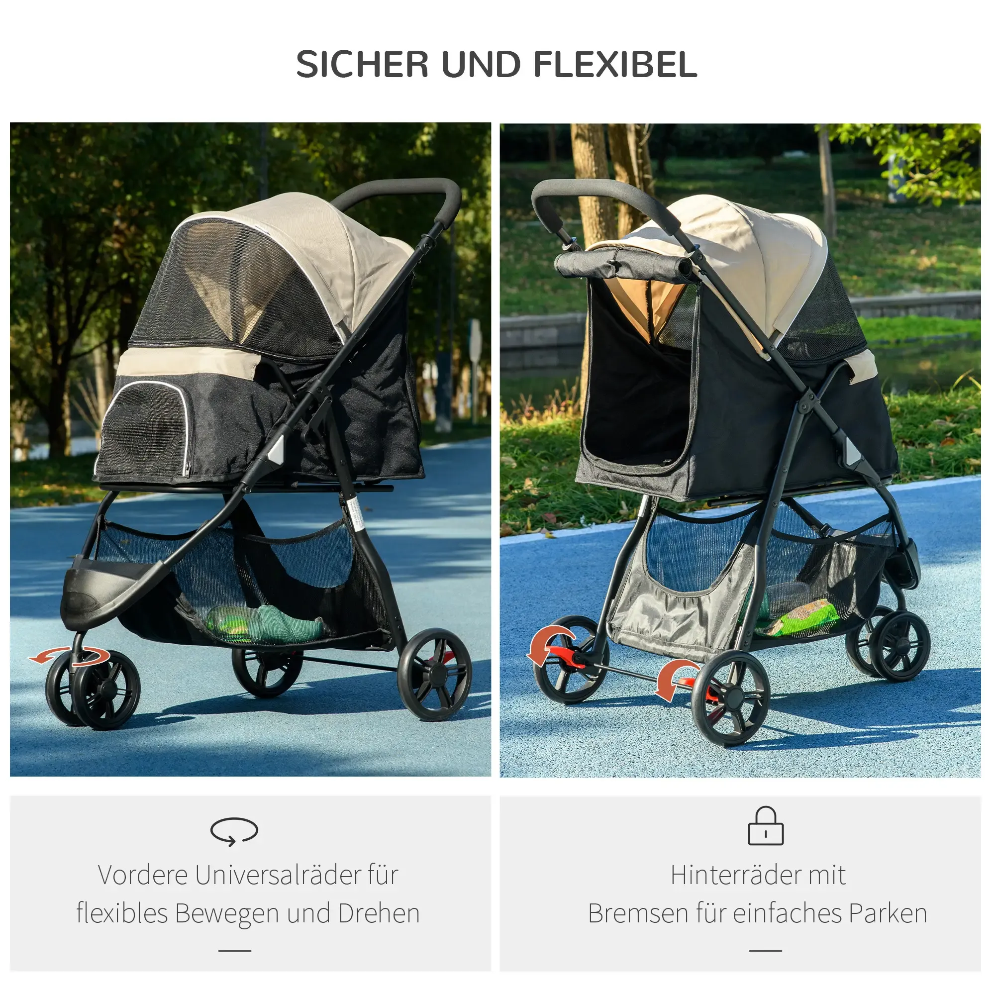 Ein schwarzer und beiger Tierkinderwagen steht auf einer blauen Oberfläche. Er hat eine Netzabdeckung und Stauraum.