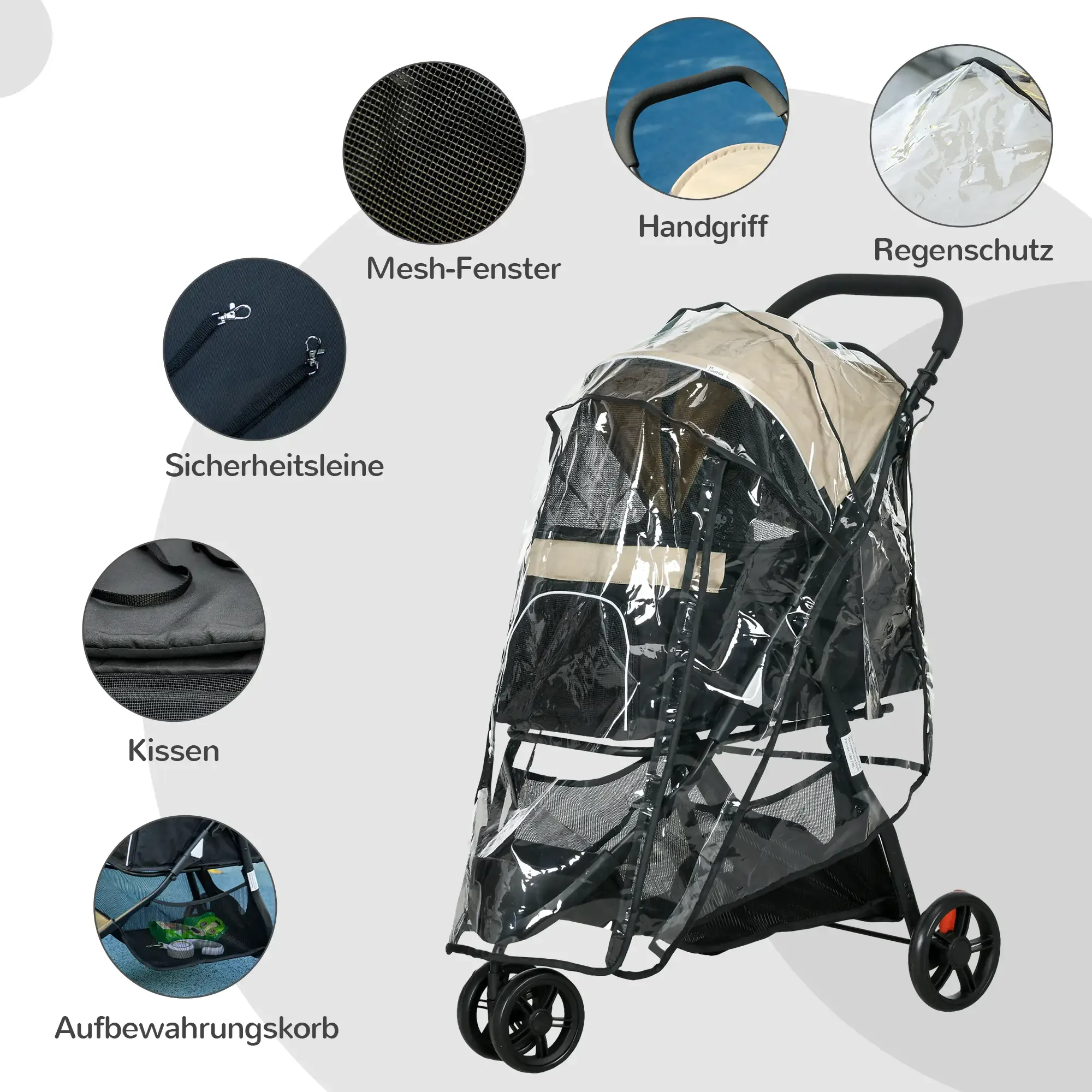 Ein Kinderwagen mit Regenschutz. Schwarz und beige, mit Netzfenster und Aufbewahrungskorb.