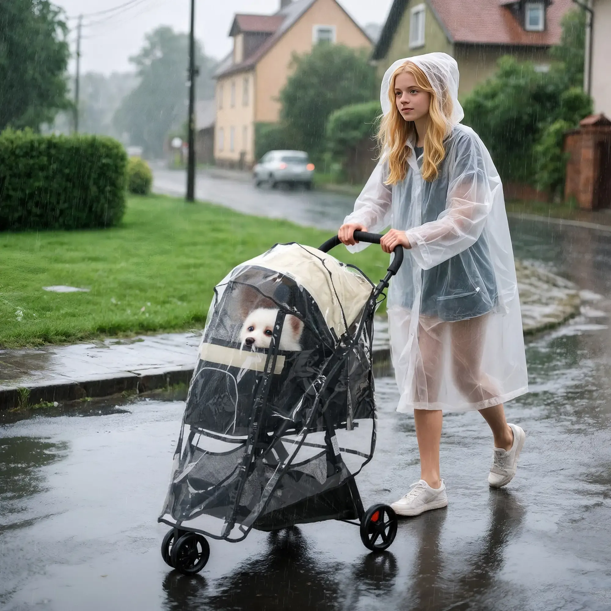 Blondes Mädchen in einem durchsichtigen Regenmantel schiebt einen Hund in einem Kinderwagen auf einer regnerischen Straße.
