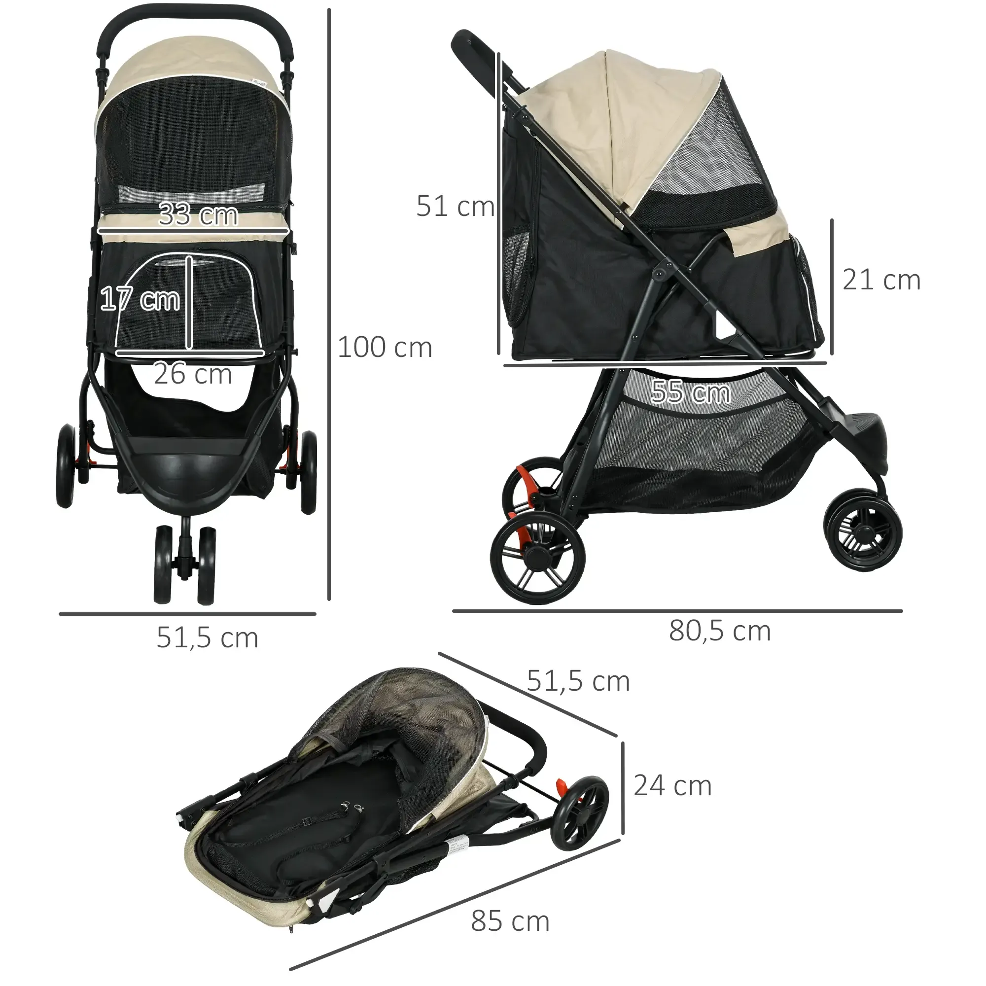 Ein Hunde-Kinderwagen in drei Ansichten. Er ist schwarz und beige mit beschrifteten Abmessungen. Der Kinderwagen ist in einer Ansicht zusammengeklappt.