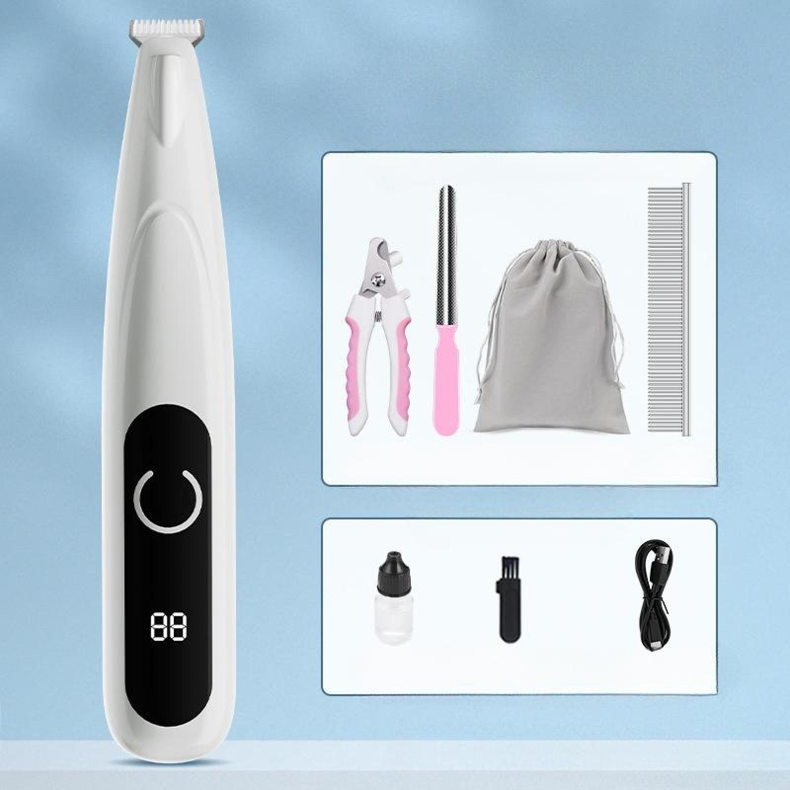Ein weißes Haustierpflege-Set auf blauem Grund. Es enthält Trimmer, Clipper, Feile, Kamm, Beutel, Ölflasche, Bürste und Ladegerät.