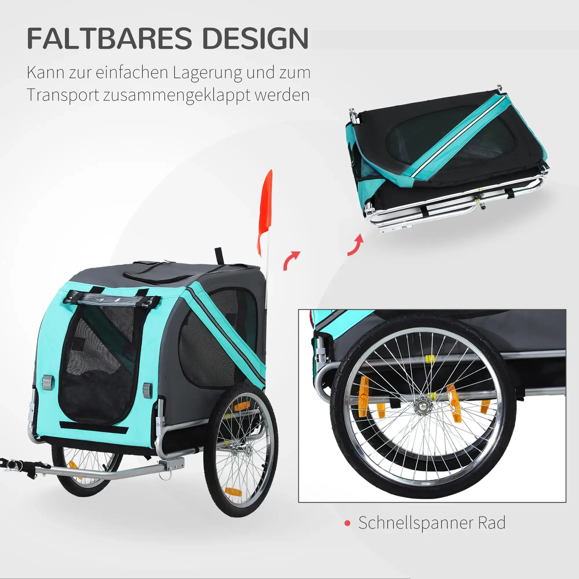 Ein zusammenklappbarer Tieranhänger mit aqua- und grauen Akzenten. Er hat ein Netzfenster, zwei Räder und eine orange Sicherheitsfahne.