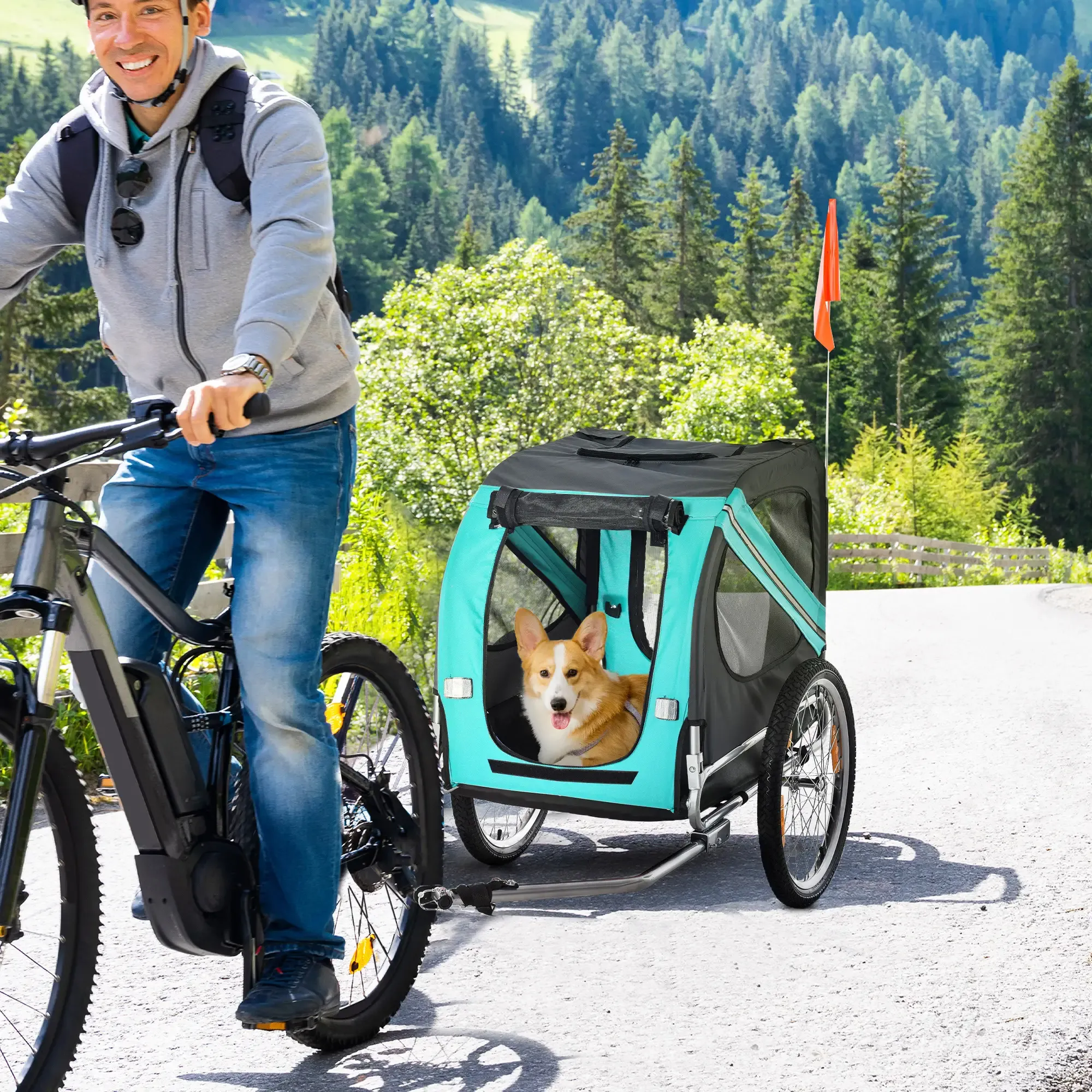 Ein Mann fährt Fahrrad mit einem Hundeanhänger. Ein Corgi sitzt im Anhänger. Im Hintergrund ist ein Wald zu sehen.