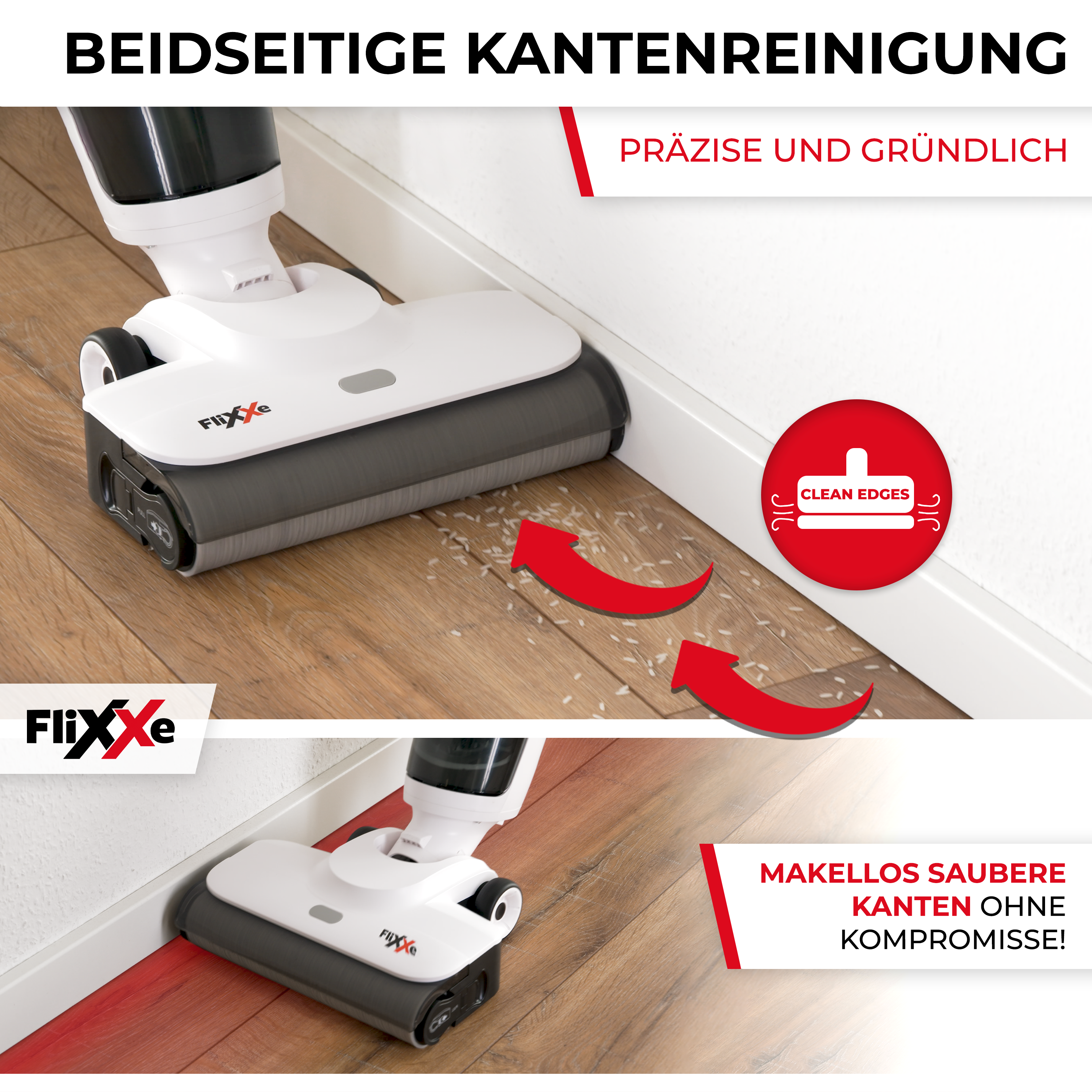 Un aspirateur blanc et gris nettoie le bord d'un plancher en bois. L'image contient du texte en allemand.