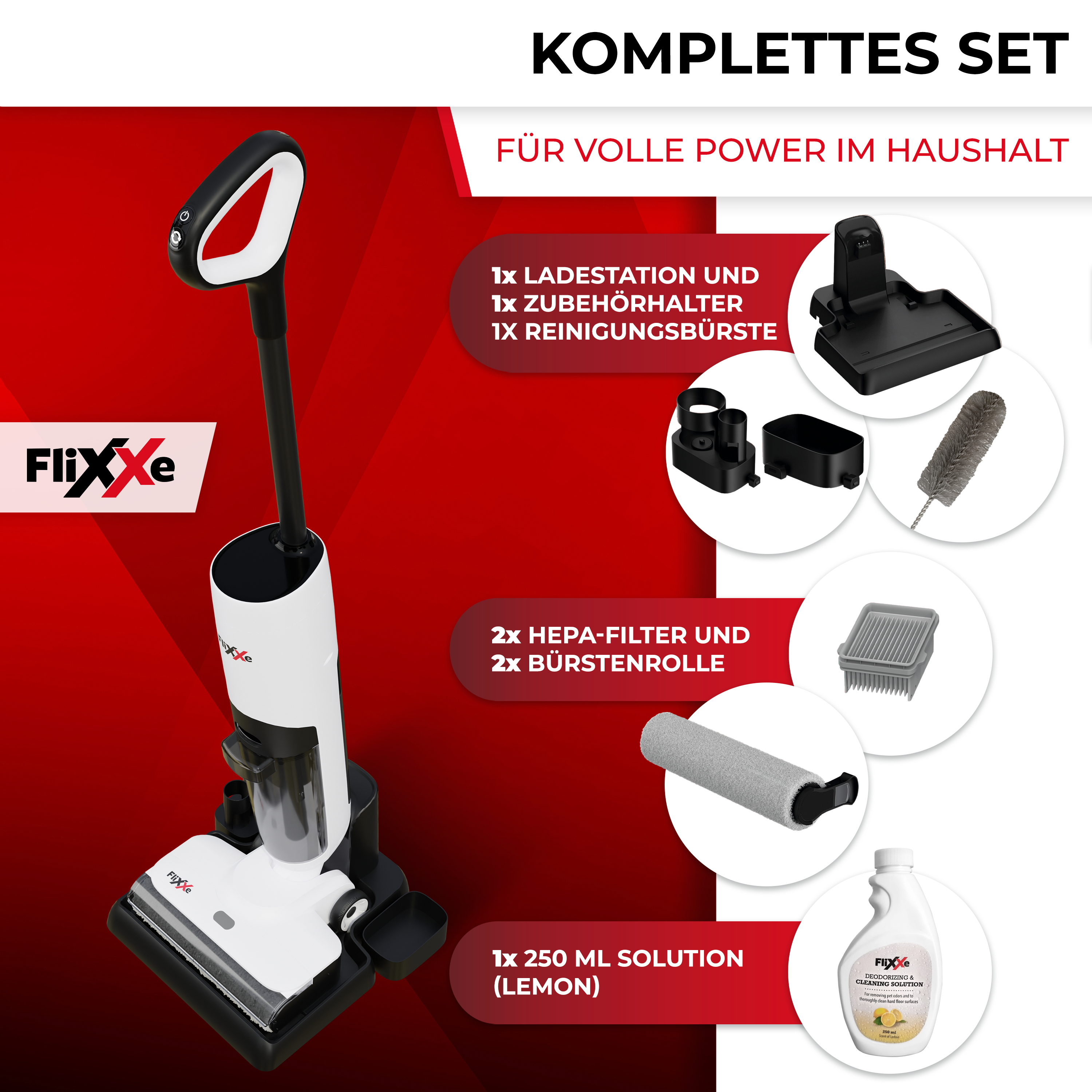 Un aspirateur Flixxe blanc et noir avec accessoires et solution de nettoyage. Le texte sur l'image indique 'Komplettes Set'.