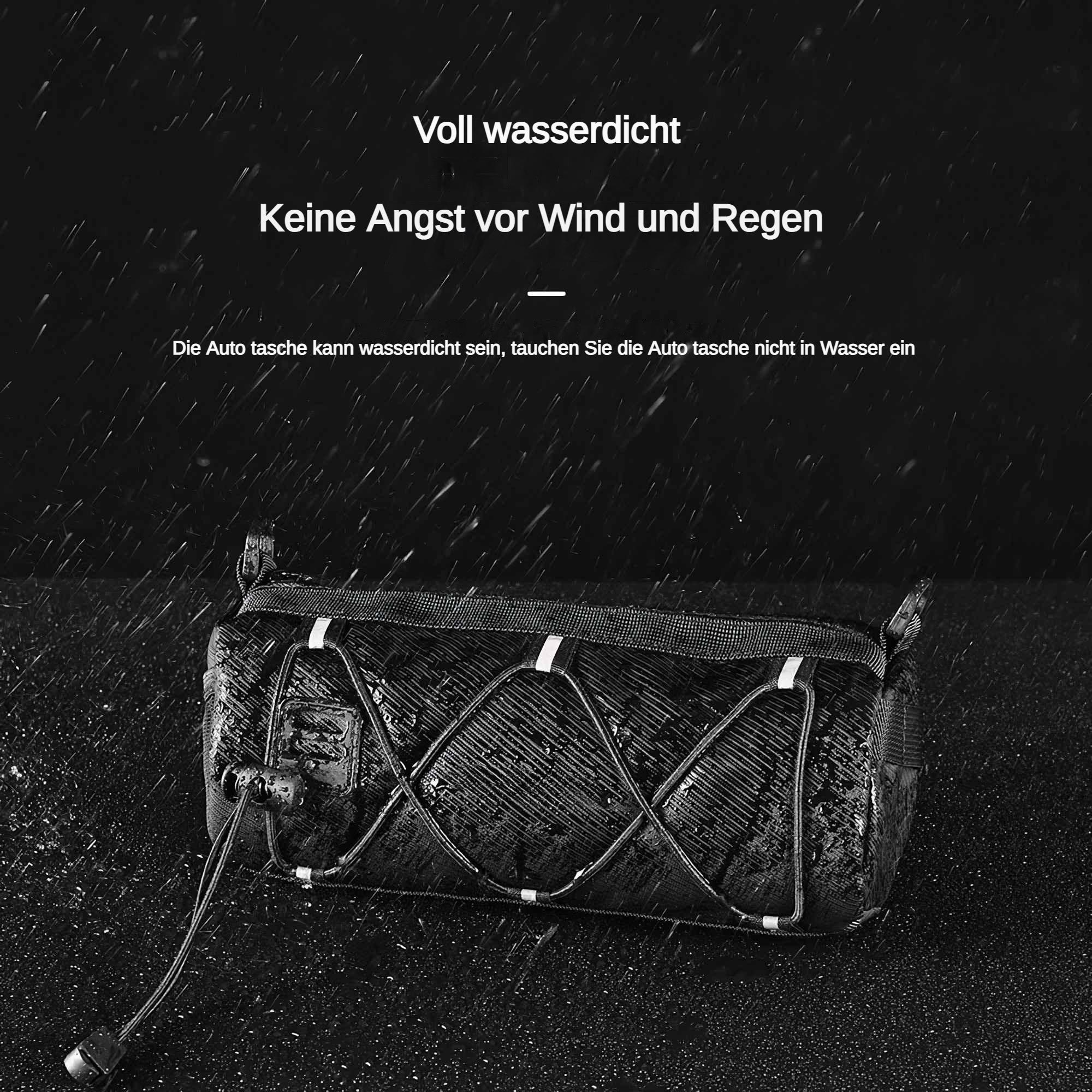 Eine schwarze, wasserdichte Tasche im Regen. Text: 'Voll wasserdicht. Keine Angst vor Wind und Regen.'