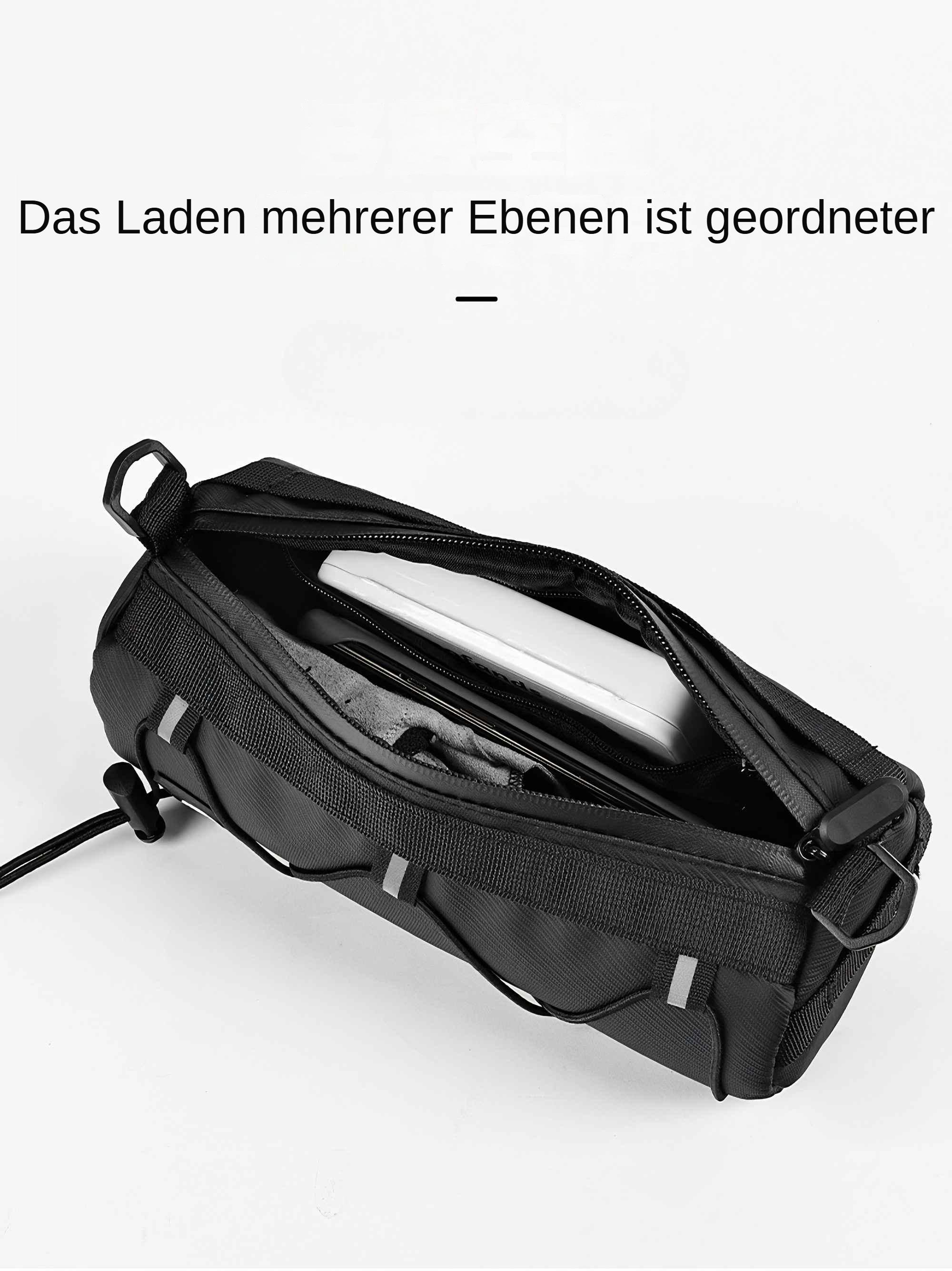 Offene schwarze Fahrradtasche mit Tablet und anderen Gegenständen. Sie hat reflektierende Streifen.