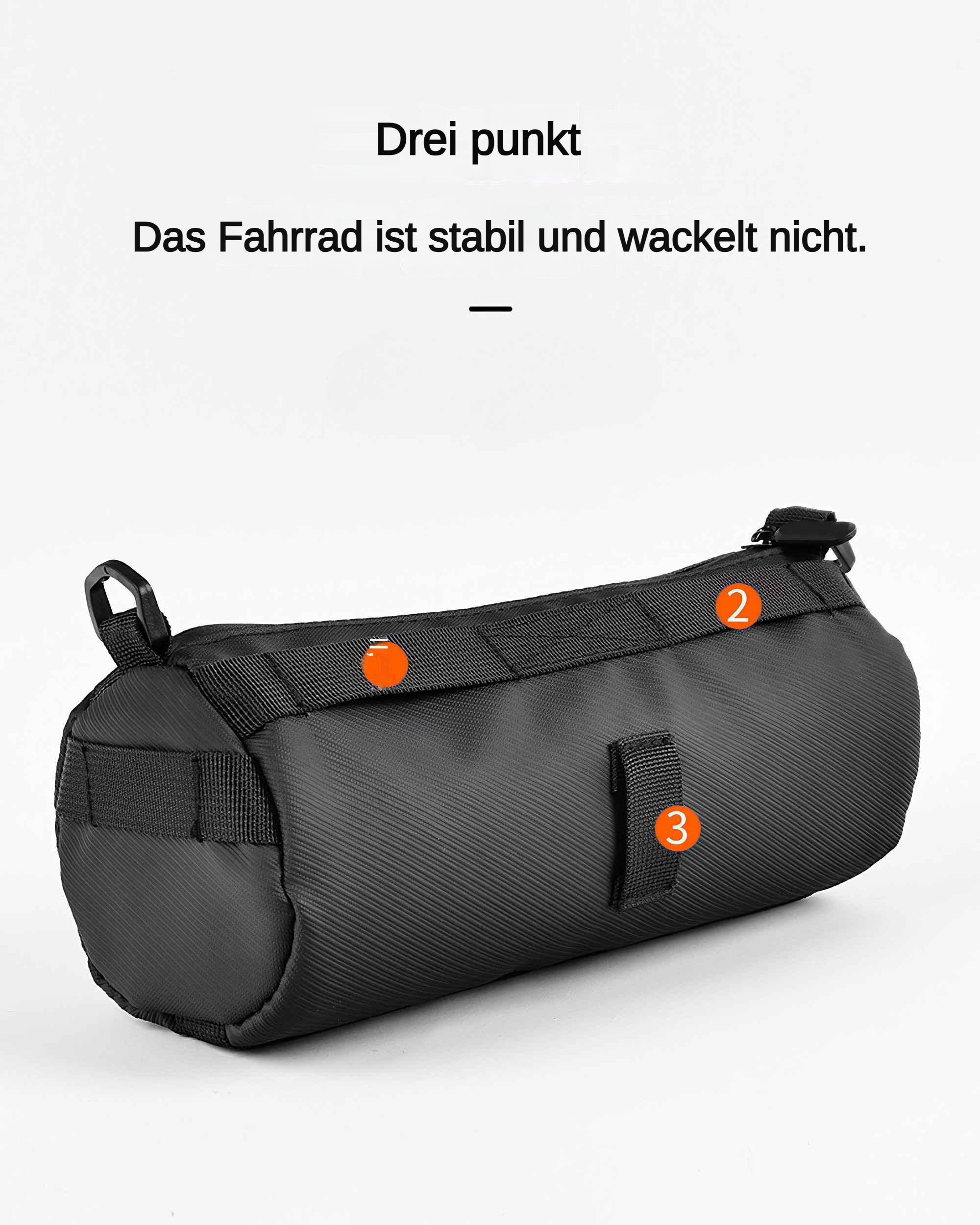 Schwarze zylindrische Tasche mit Riemen und Zahlen. Text oben: 'Das Fahrrad ist stabil und wackelt nicht'.