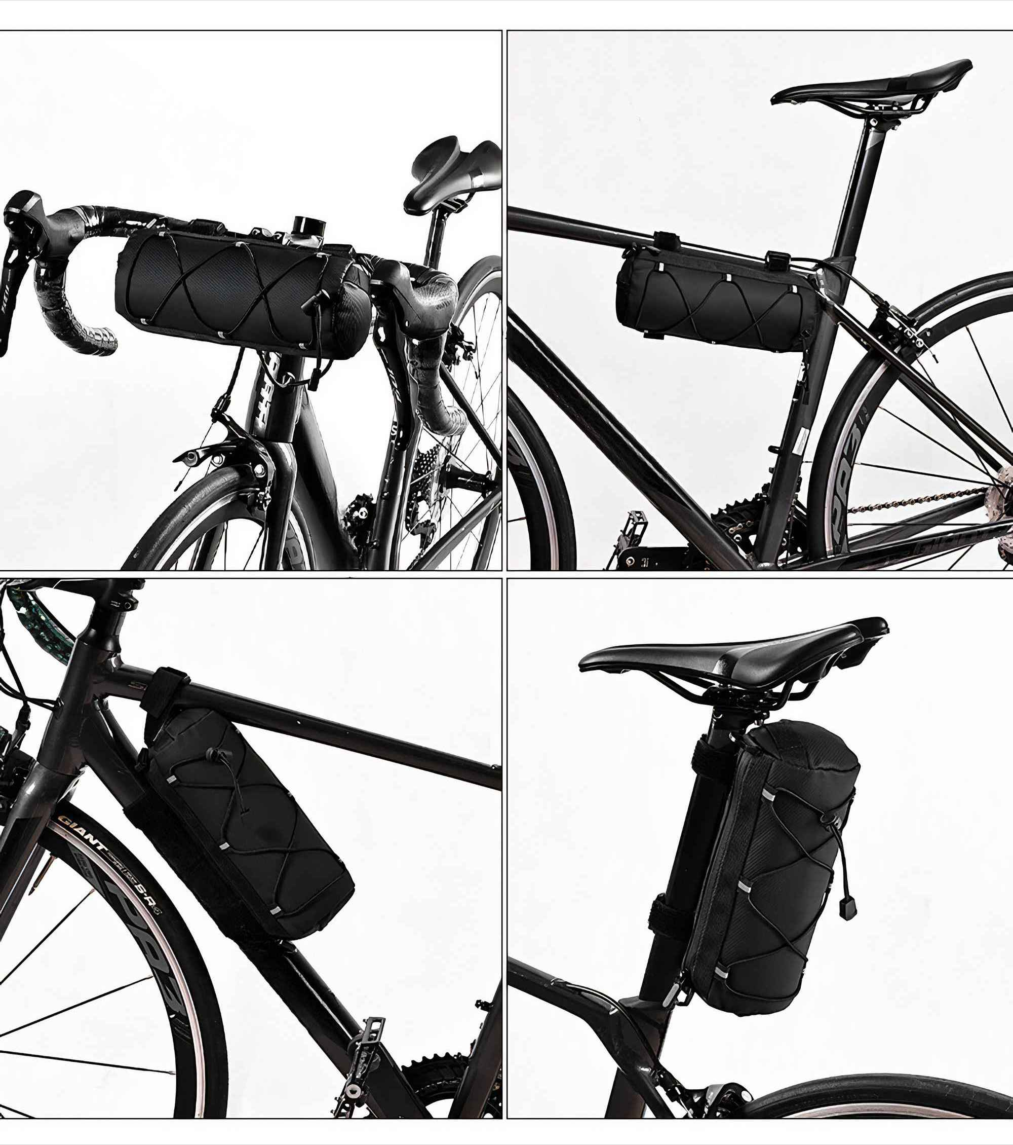 Vier Ansichten eines schwarzen Fahrrads mit schwarzen Taschen, die am Rahmen, Lenker und Sattelstütze befestigt sind. Das Fahrrad steht vor weißem Hintergrund.