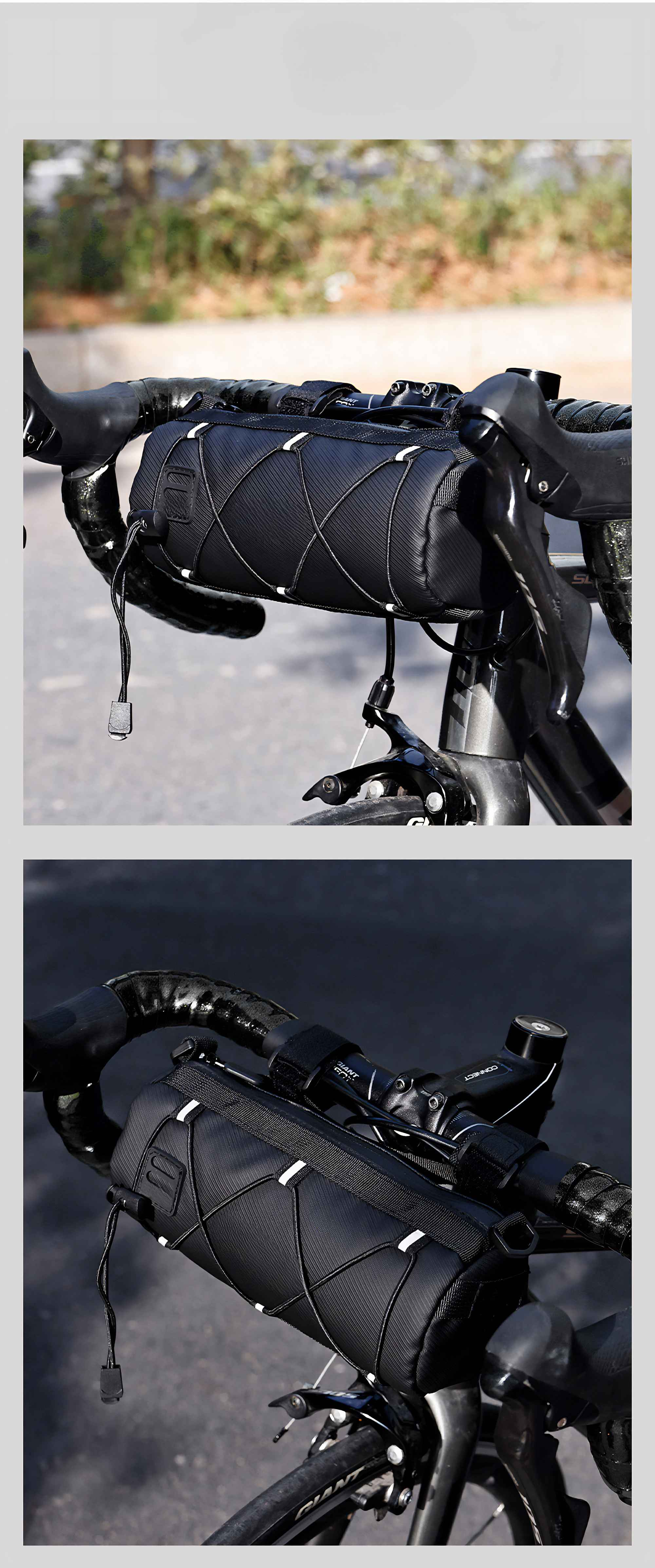 Eine schwarze Fahrrad-Lenkertasche ist am Fahrradlenker montiert. Weiße elastische Schnüre sichern die Tasche. Der Hintergrund ist eine verschwommene Straße.