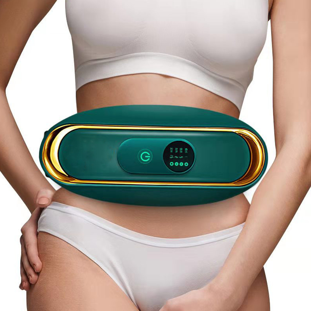 Eine Frau mit BH und Unterwäsche, mit einem grünen und goldenen Gerät um die Taille. Das Gerät hat einen Ein-/Ausschalter und ein Display.