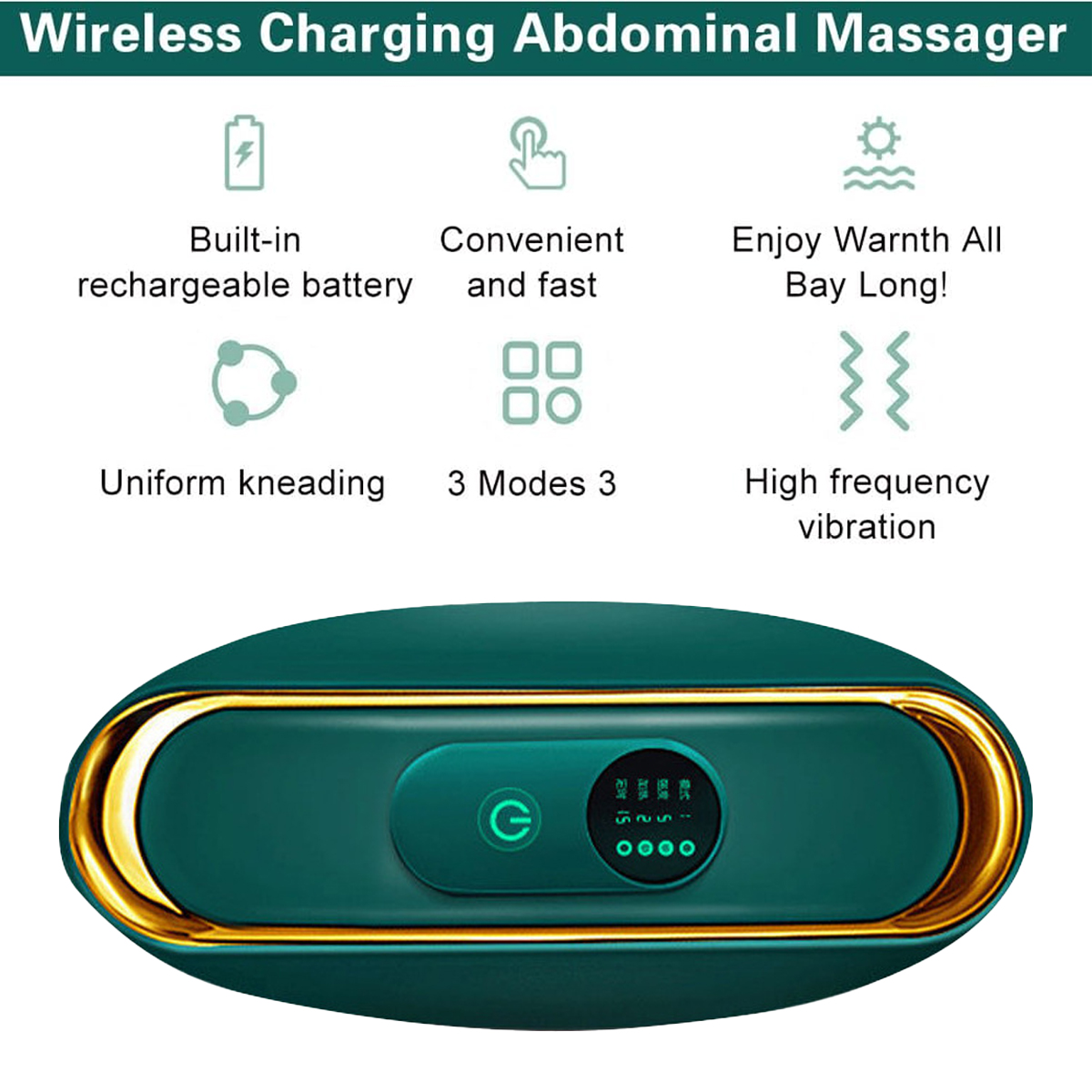 Ein Bauchmuskelmassagegerät mit Text über Funktionen. Das Gerät ist grün und goldfarben. Symbole und Text beschreiben Funktionen wie Akku und Modi.