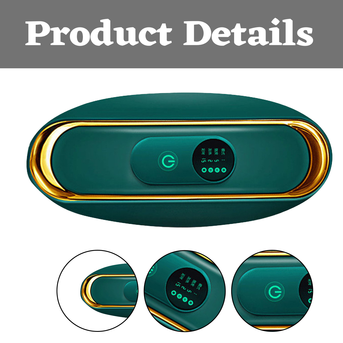 Ein grünes, ovales Gerät mit goldfarbenem Rand. Es hat ein Display, einen Einschaltknopf und ein kreisförmiges Design am Boden. Oben steht 'Produktdetails'.
