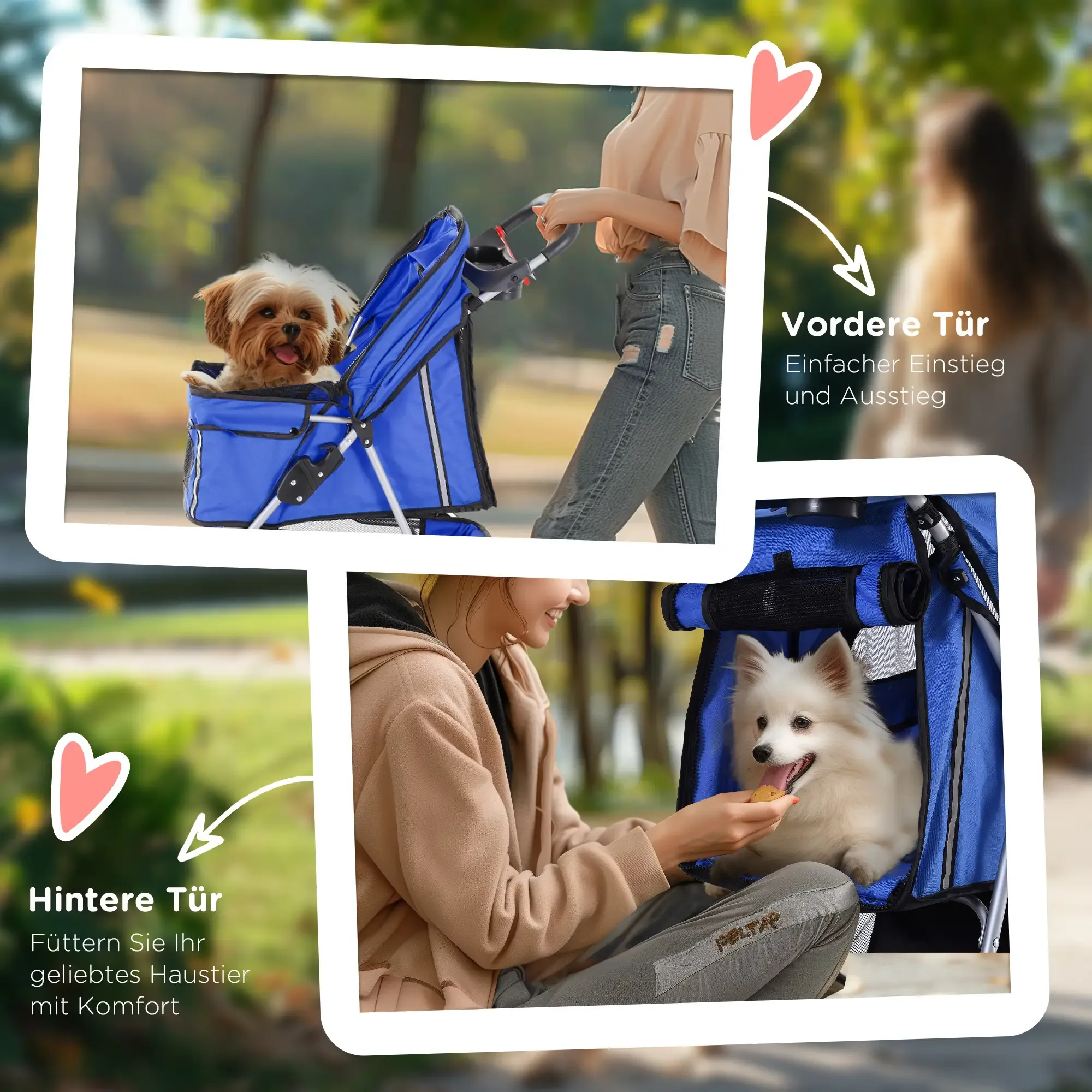 Zwei Hunde in blauen Haustier-Kinderwagen. Einer wird von einer Person geschoben, der andere bekommt von einer Person ein Leckerli.