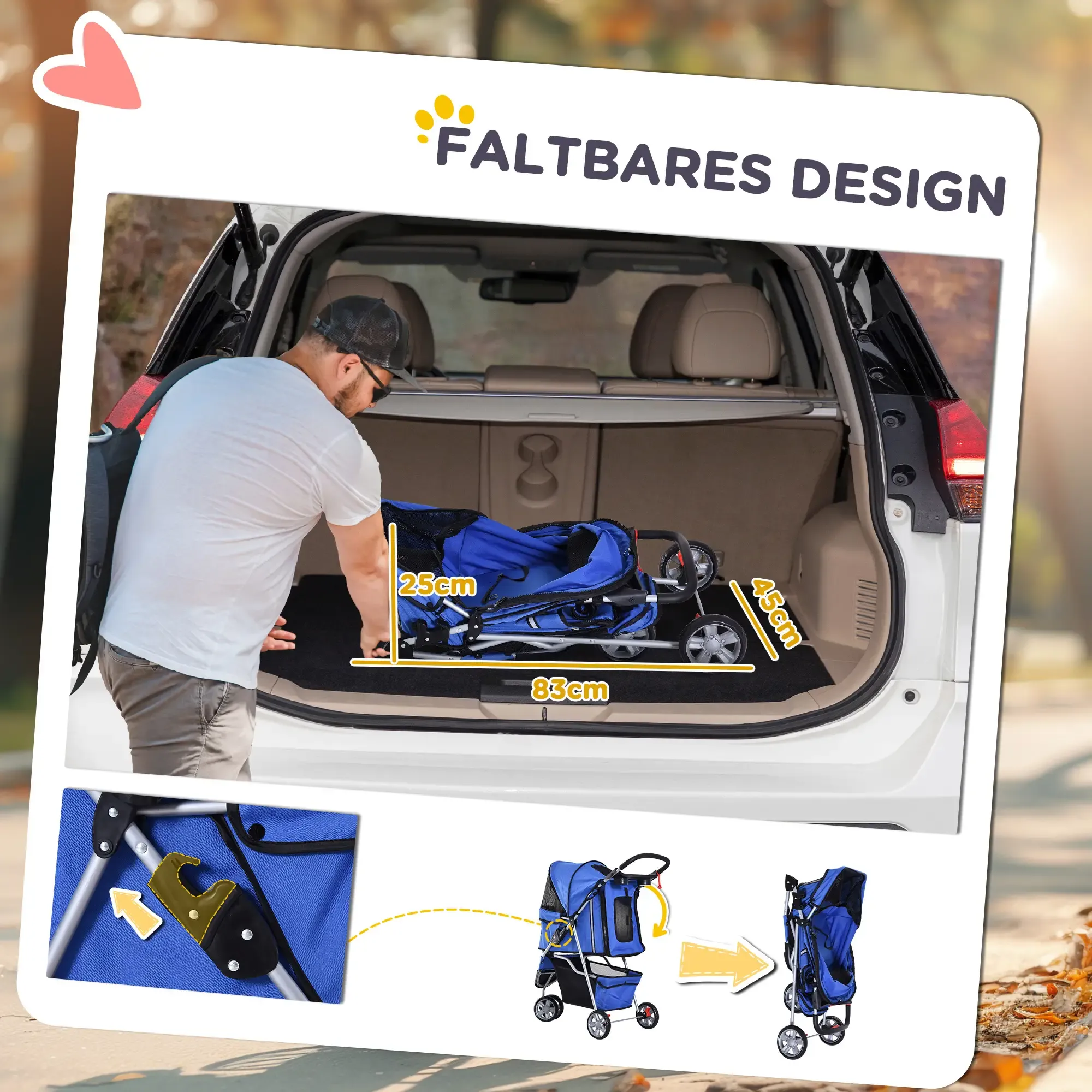 Ein Mann stellt einen blauen Haustier-Kinderwagen in einen Kofferraum. Der Kinderwagen ist gefaltet. Abmessungen: 83x45x25 cm.