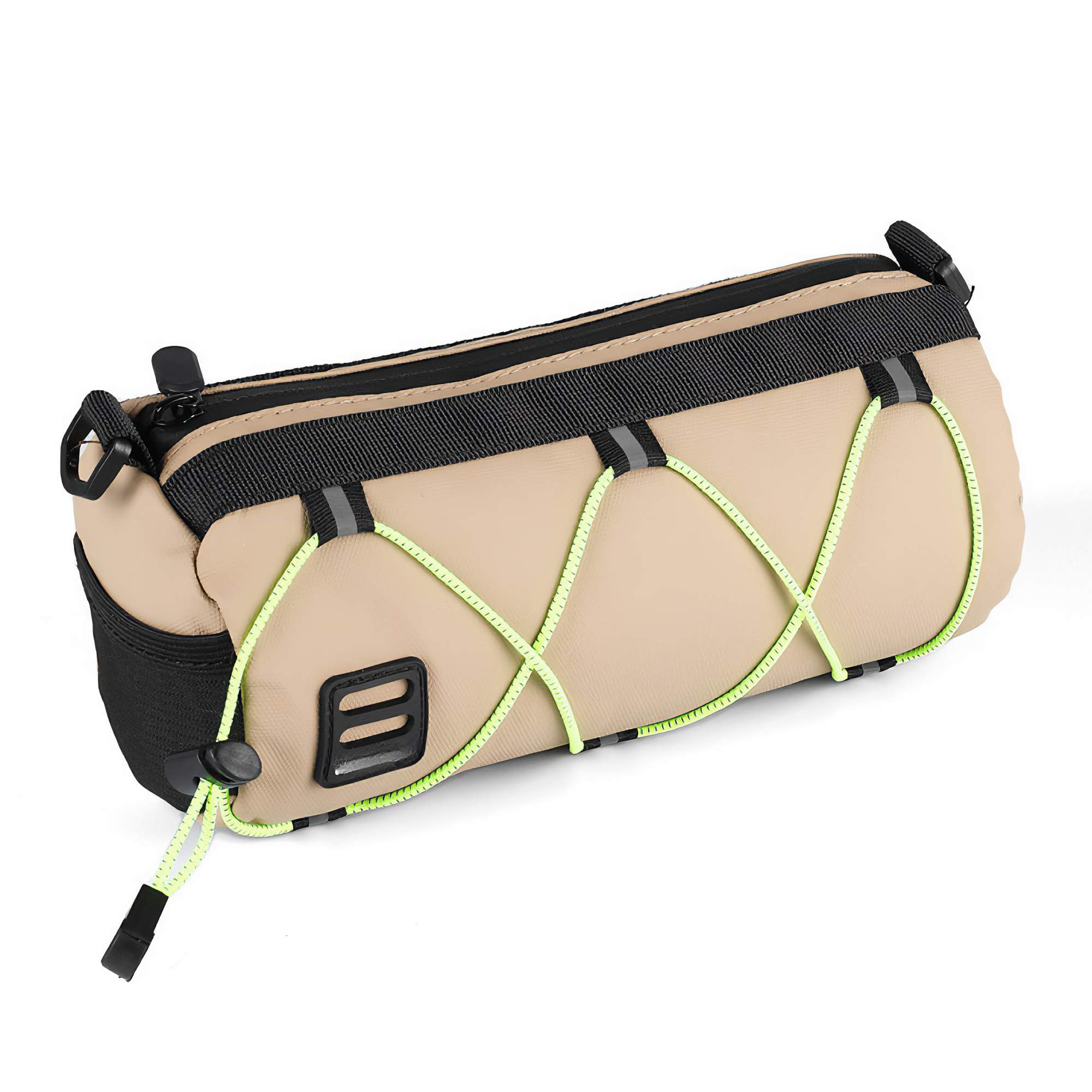 Eine beige Fahrradtasche mit schwarzen Akzenten und neongrünen elastischen Kordeln. Sie hat einen Reißverschluss und schwarze Basis.