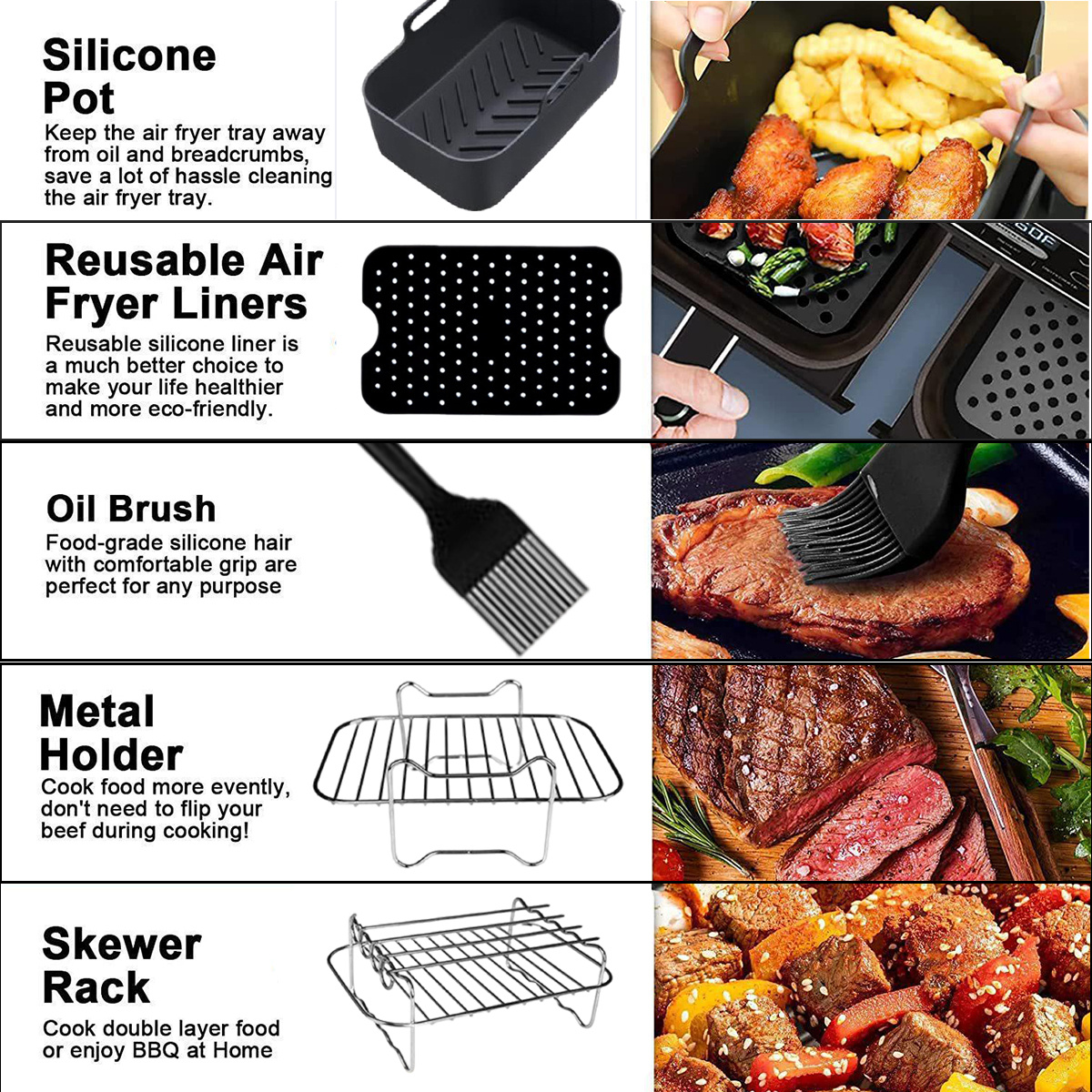 Das Bild zeigt Airfryer-Zubehör: einen Silikontopf, wiederverwendbare Liner, einen Ölpinsel, einen Metallhalter und einen Spießhalter.